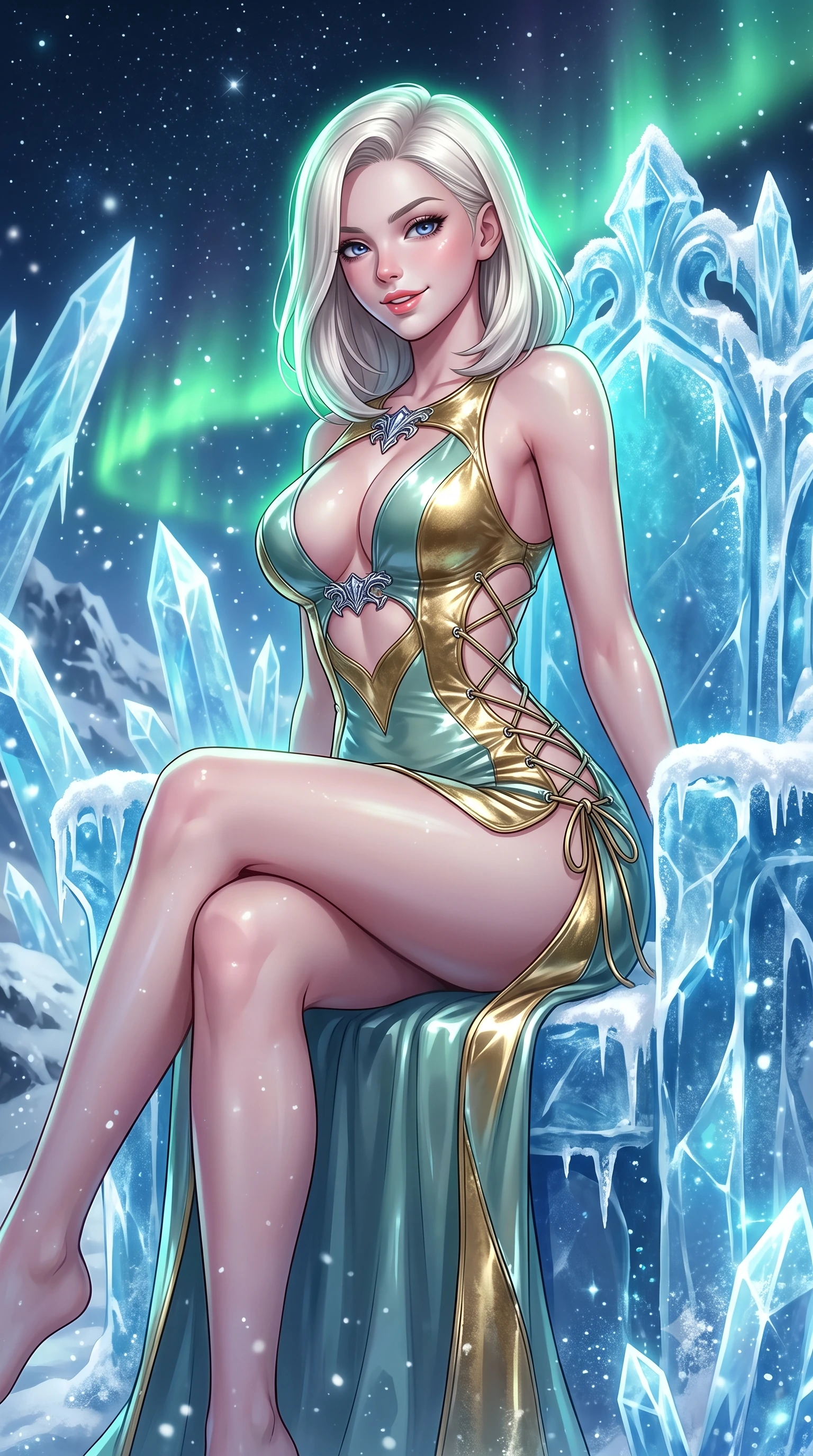 score_9, masterpiece, best quality, ultra-detailed, high-budget anime keyframe, semi-realistic 3D game render, editorial fashion photography, tasteful artistic composition, Caucasian woman. close-up cowboy shot from the waist and thighs up, the character dominates the composition, filling the frame with her large presence. perched sideways on the lounge seat, one knee drawn up to showcase her slender leg line while her arched back accentuates her feminine hip curve while sitting gracefully on the sculpted ice chair with legs crossed, flashing a playful, coquettish smile with parted glossy lips. The surrounding environment is rendered in vivid detail and crisp panoramic clarity: sharp translucent ice crystal facets, wind-sculpted snow rime on balustrades, and dense starfield points in deep focus. She has an exceptionally elegant, slender, and willowy female figure with an ultra-slim waist, flat toned midriff, narrow ribcage, and sculpted feminine hips creating an alluring, slim hourglass silhouette without bulk. sharp v-shaped jawline, high-bridge nose, intricate jewel-like sparkling eyes with depth, thick eyelashes, glossy parted lips with a natural peach sheen, bright cheerful beaming smile with an enchanting and coquettish sensual glint, exuding both youthful cute charm and seductive allure, flawlessly proportioned anatomical accuracy, strict slender model proportions, natural body alignment, perfectly sculpted long slender limbs, ultra-slim waistline, clean dynamic posture without body distortion. wearing a provocative open-waist cutout mini dress framed by sculptural chrome hardware and thigh-high slit in celadon jade and antique gold-leaf, tailored from high-gloss patent leather with mirror-like specular highlights, featuring fine criss-cross lace-up side ties revealing tantalizing glimpses of her hip curve, the glove-like clinging cut tightly following the natural contour of her hips and long slender legs with youthful 8.5-heads elegance. illuminated by ice reflection bounce and sharp aurora-green rim lights defining her jawline, narrow waist, and curvy hips. highly saturated vibrant anime colors, detailed shading with soft gradients, rich glossy textures, high-contrast stereoscopic depth, volumetric dynamic lighting, master piece, 9:16 ratio