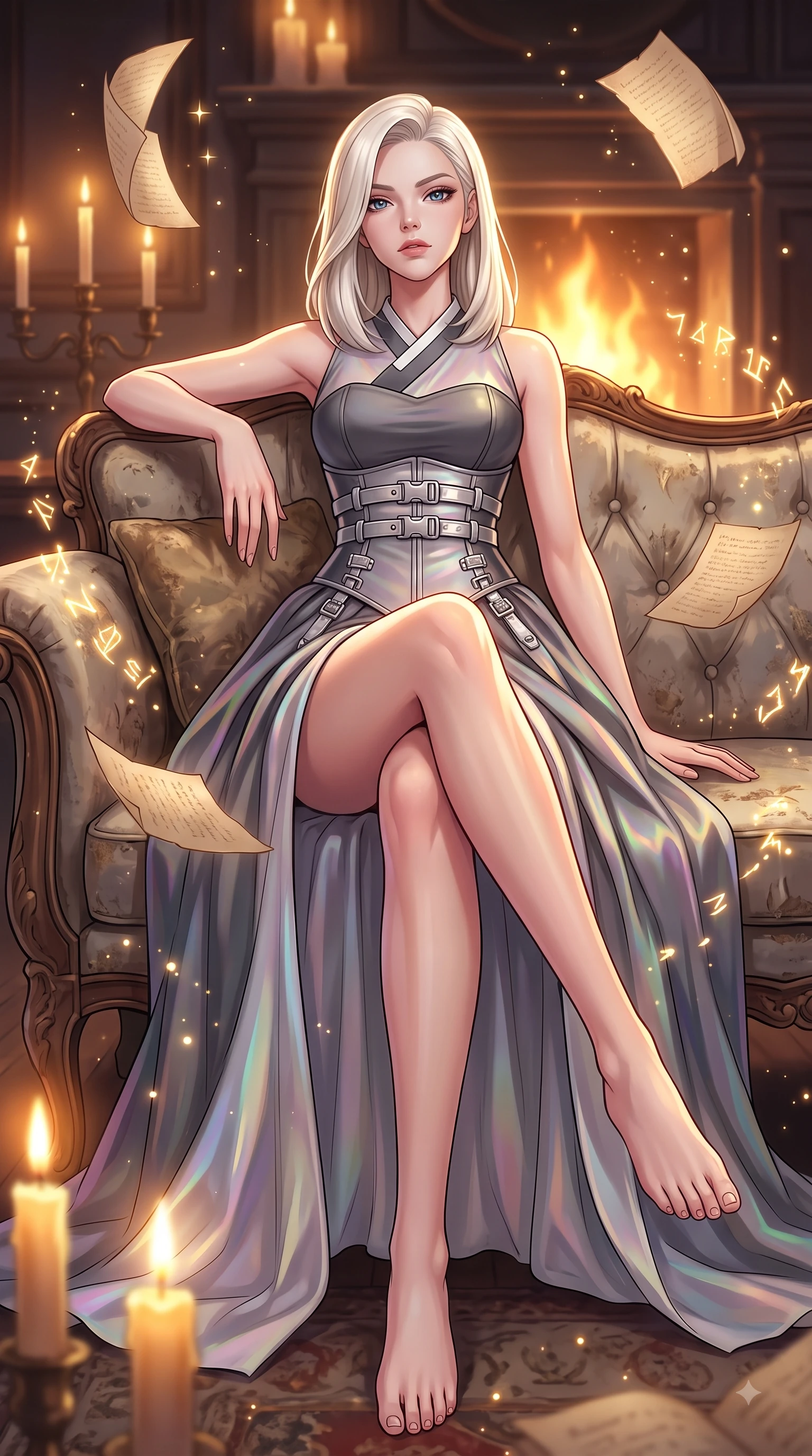 score_9, masterpiece, best quality, ultra-detailed, high-budget anime keyframe, editorial fashion photography, tasteful artistic composition, Caucasian woman. low angle full-body shot from head to toe showing her feet, filling the entire 9:16 vertical frame with her statuesque presence, stretching her vertical silhouette. forging dynamically through the scene with her long slender legs and ultra-slim waist creating a sweeping curve while lounging on an antique silk velvet sofa as floating parchment pages hover gently around her, floating paper pages and glowing spell runes scattering golden starlight dust motes. She has an absolutely perfect, statuesque 8.5-heads proportion, an exceptionally tall and slender model-like female figure with impossibly long slender legs and an ultra-slim waist. sharp v-shaped jawline, high-bridge nose, intricate jewel-like eyes with depth, thick eyelashes, glossy lips with a natural sheen, flawlessly proportioned anatomical accuracy, natural body alignment, perfectly sculpted elegant limbs, clean dynamic posture without body distortion. wearing a modern fusion silk hanbok dress with a structured bodice and flowing skirt in charcoal grey and platinum, crafted from iridescent chiffon that shifts colors in the light, detailed with polished silver buckles along the waistline, the elegant draped fit framing her graceful clavicle and slender torso. bathed in rich amber candlelight and warm golden hearth flame backlighting. highly saturated vibrant anime colors, detailed shading with soft gradients, rich glossy textures, high-contrast stereoscopic depth, volumetric dynamic lighting, master piece, 9:16 ratio