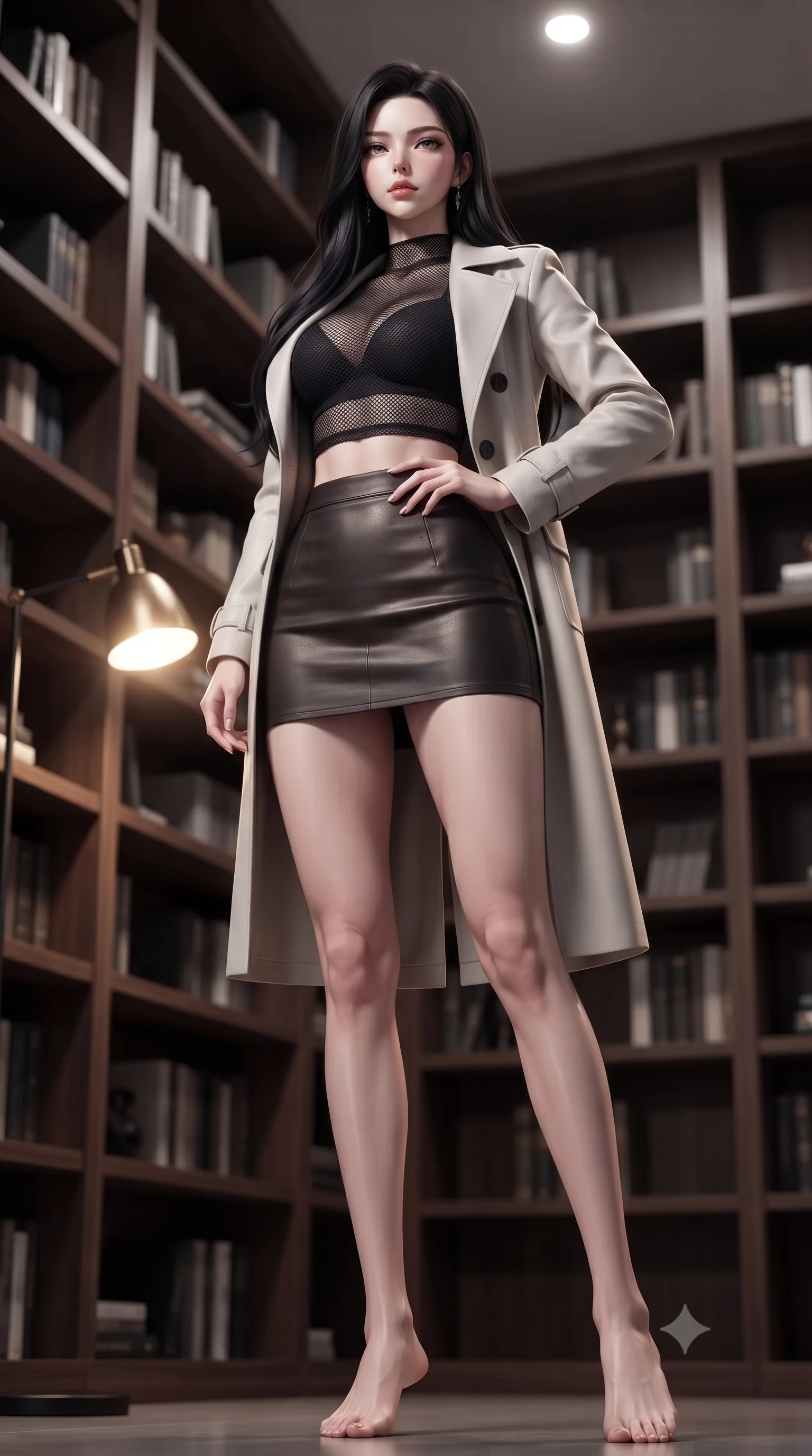 score_9, masterpiece, best quality, ultra-detailed, high-budget anime keyframe, editorial fashion photography, tasteful artistic composition, Korean woman. low angle full-body shot from head to toe showing her feet, filling the entire 9:16 vertical frame with her statuesque presence, stretching her vertical silhouette. posing confidently with one hand on her hip, stretching her statuesque body to emphasize her curves the background shows a soft-focus a sleek modern library room with floor-to-ceiling dark walnut bookshelves. She has an absolutely perfect, statuesque 8.5-heads proportion, an exceptionally tall and slender model-like female figure with impossibly long slender legs and an ultra-slim waist. sharp v-shaped jawline, high-bridge nose, intricate jewel-like eyes with depth, thick eyelashes, glossy lips with a natural sheen. wearing a body-hugging semi-opaque dark mesh crop top paired with a mini skirt, layered with a tailored light trench coat. focused reading lamp glow casting an intelligent, elegant ambiance. ultra-reflective glossy finish, specular highlights, metallic sheen, high-contrast stereoscopic depth, volumetric dynamic lighting, 2k, ultra detail, master piece, 9:16 ratio