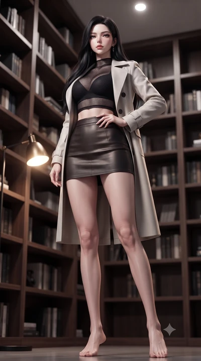 score_9, masterpiece, best quality, ultra-detailed, high-budget anime keyframe, editorial fashion photography, tasteful artistic composition, Korean woman. low angle full-body shot from head to toe showing her feet, filling the entire 9:16 vertical f