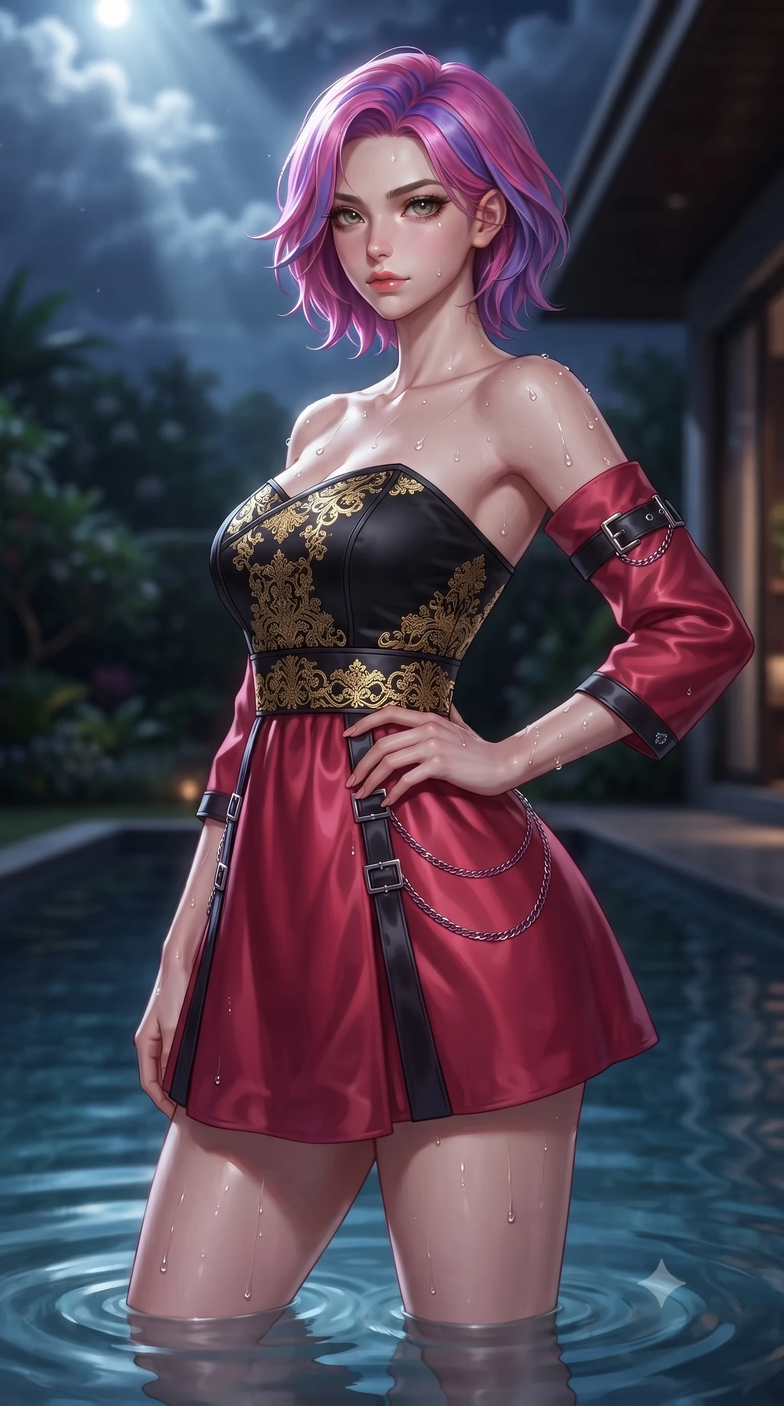 score_9, masterpiece, best quality, ultra-detailed, high-budget anime keyframe, editorial fashion photography, tasteful artistic composition, Caucasian woman. close-up cowboy shot from the waist and thighs up, the character dominates the composition, filling the frame with her large presence, background elements kept in soft focus. Holding a confident power pose with one hand on her hip, standing gracefully in a secluded private infinity pool at a high-end villa at 3 AM, glistening water dewdrops tracing her delicate bare shoulders and clavicle lines. She has an exceptionally elegant, slender, and willowy female figure with an ultra-slim waist, a gracefully sculpted slender torso, and a refined silhouette. sharp v-shaped jawline, high-bridge nose, intricate jewel-like eyes with depth, thick eyelashes, glossy lips with a natural sheen. wearing modern fusion white hanbok dress with structured gold-embroidered bodice in pitch-black onyx, made of soft crimson satin, framed by dark titanium buckles and silver chain details, highlighting her statuesque proportions and ultra-slim waistline. lit by a single piercing key ray filtering through soft night clouds. highly saturated vibrant anime colors, detailed shading with soft gradients, rich glossy textures, high-contrast stereoscopic depth, volumetric dynamic lighting, master piece, 9:16 ratio