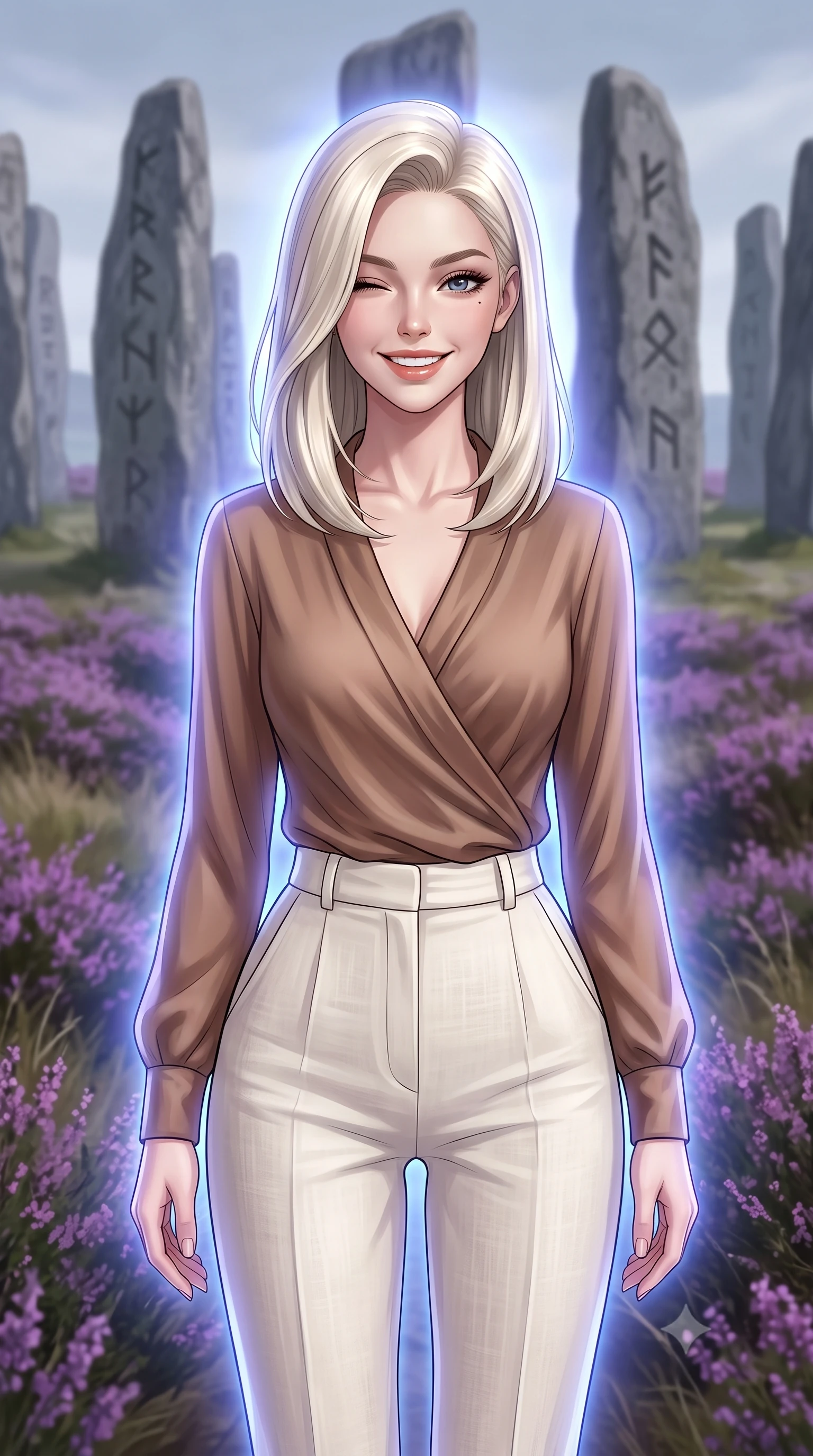 score_9, masterpiece, best quality, ultra-detailed, high-budget anime keyframe, editorial fashion photography, tasteful artistic composition, Caucasian woman, strictly human ears. close-up cowboy shot from the waist and thighs up, the character dominates the composition, filling the frame with her large presence, background elements kept in soft focus. Winking playfully with a cheerful grin and a lighthearted expression. set against a soft-focus background of standing in a prehistoric ring of towering grey standing stones covered in ancient runes, surrounded by purple heather blowing in the wind on a highland cliff. She has an exceptionally elegant, slender, and willowy female figure with a highly-defined ultra-slim waist, a gracefully sculpted slender torso, and a refined slim-fit silhouette that contours her form. sharp v-shaped jawline, high-bridge nose, intricate jewel-like eyes with depth, thick eyelashes, glossy lips with a natural sheen. wearing a wrap-style silk blouse in a warm mocha shade, tucked into high-waisted ivory linen trousers. cool ethereal blue-violet bioluminescent glow wrapping around her from all sides. 2k, ultra detail, master piece, 9:16 ratio