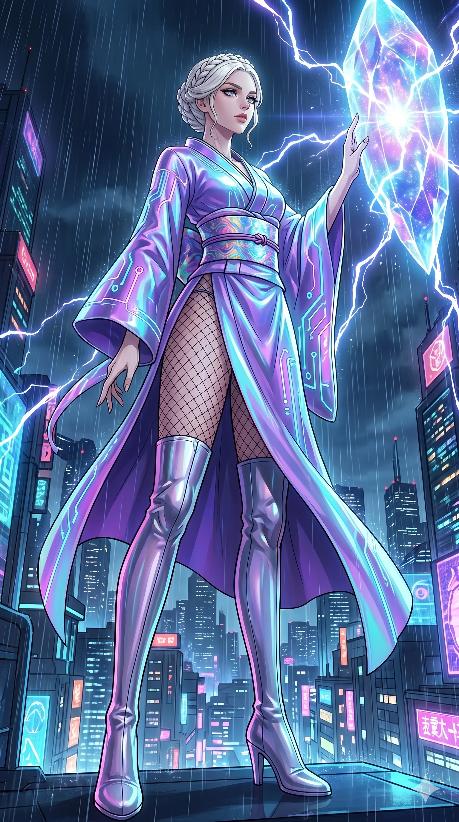 score_9, masterpiece, best quality, ultra-detailed, High-budget Anime Keyframe, vibrant colors, fluid line-art, expressive lighting, cinematic composition, Ufotable-style visual effects, top-tier animation quality, Caucasian woman with pale skin, blonde hair, and (strictly human ears). Cinematic low angle perspective showcasing her towering height and perfect 8-heads proportion. Communicating with ancient celestial beings via a massive glowing crystal core that pulses with divine energy. She has an absolutely perfect 8-heads proportion, an exceptionally tall and slender female figure with impossibly long slender legs and an ultra-slim waist, her statuesque height and towering silhouette dominating the vertical 9:16 frame. Her face is a masterpiece featuring a sharp v-shaped jawline, high-bridge nose, intricate jewel-like eyes with depth, thick eyelashes, and glossy lips with a natural sheen. She is wearing a High-slit tech-kimono with holographic obi and integrated neon-lit circuitry patterns crafted from Iridescent vinyl with a futuristic sheen that shifts between violet and cyan, accompanied by sensual fishnet stockings and thigh-high metallic boots. The scene is set in a sprawling cyberpunk metropolis in heavy rain with vibrant neon glows reflecting on every surface, illuminated by cinematic lighting with dramatic rim light that highlights her slender silhouette. 2k, ultra detail, master piece, 9:16 ratio