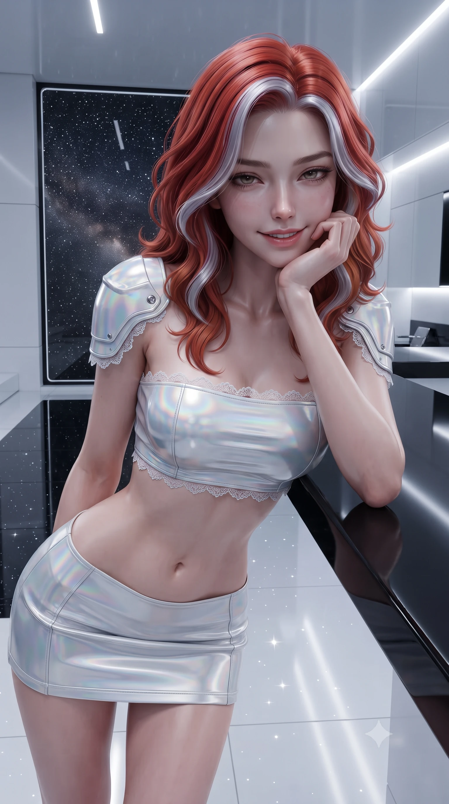 score_9, masterpiece, best quality, ultra-detailed, high-budget anime keyframe, editorial fashion photography, tasteful artistic composition, Caucasian woman. close-up cowboy shot from the waist and thighs up, the character dominates the composition, filling the frame with her large presence. resting one elbow on the table and supporting her chin, leaning close to the camera with heavy-lidded sparkling eyes and parted lips while standing poised on the polished white polymer floor before the floor-to-ceiling starlight observation window, arching her back with aristocratic supermodel elegance. The surrounding environment is rendered in vivid detail and crisp panoramic clarity: sharp seamless white lacquer architectural lines, polished black obsidian bar grain, and crisp starlight reflections in deep focus. She has an exceptionally elegant, slender, and willowy female figure with an ultra-slim waist, flat toned midriff, narrow ribcage, and sculpted feminine hips creating an alluring, slim hourglass silhouette without bulk. sharp v-shaped jawline, high-bridge nose, intricate jewel-like sparkling eyes with depth, thick eyelashes, glossy parted lips with a natural peach sheen, bright cheerful beaming smile with an enchanting and coquettish sensual glint, exuding both youthful cute charm and seductive allure, flawlessly proportioned anatomical accuracy, strict slender model proportions, natural body alignment, perfectly sculpted long slender limbs, ultra-slim waistline, clean dynamic posture without body distortion. wearing an ultra-cropped tactical tech-wear bandeau top with molded shoulder armor paired with a micro mini skirt revealing her flat toned midriff in holographic prismatic pearl and aerospace white, crafted from bespoke double-faced cashmere with an exceptionally soft tactile finish, finished with scalloped eyelash lace trim framing her sweetheart neckline with intimate elegance, the bespoke structured tailoring following the natural line of her 8.5-heads silhouette with refined elegance. illuminated by white polymer floor reflection bounce and sharp platinum rim lights sculpting her jawline, narrow waist, and curvy hips. ultra-reflective glossy finish, specular highlights, rich textural contrasts, high-contrast stereoscopic depth, volumetric dynamic lighting, 2k, ultra detail, master piece, 9:16 ratio