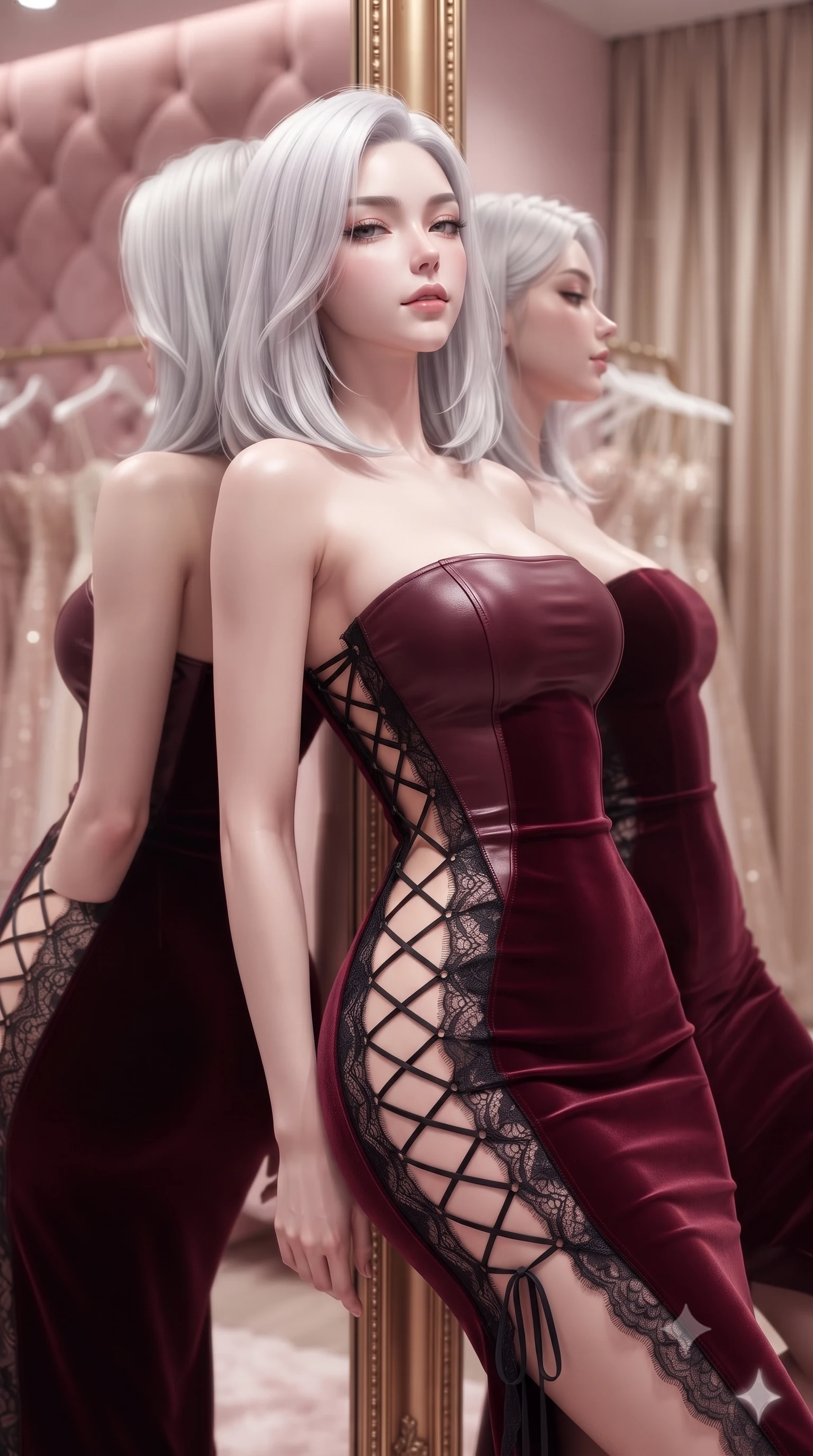 score_9, masterpiece, best quality, ultra-detailed, high-budget anime keyframe, editorial fashion photography, tasteful artistic composition, Korean woman. close-up cowboy shot from the waist and thighs up, the character dominates the composition, filling the frame with her large presence. leaning back against the balustrade with relaxed seductive grace, head tilted back slightly while casting a hypnotic, heavy-lidded gaze while leaning against the gilded mirror frame with hips cocked back, gazing at her multiple reflections with an intoxicating, parted-lip smile. The background shows a soft-focus blush pink velvet padded walls, racks of haute couture silk gowns, and champagne silk curtains blurred into rose, cream, and platinum bokeh. She has an exceptionally elegant, slender, and willowy female figure with an ultra-slim waist, flat toned midriff, narrow ribcage, and sculpted feminine hips creating an alluring, slim hourglass silhouette without bulk. sharp v-shaped jawline, high-bridge nose, sparkling eyes with hypnotic seductive depth, thick curled eyelashes, glossy parted lips with a natural dewy peach sheen, alluring bedroom-eyes with an enchanting coquettish smile, exuding magnetic siren charisma and sophisticated glamour, flawlessly proportioned anatomical accuracy, strict slender model proportions, natural body alignment, perfectly sculpted long slender limbs, ultra-slim waistline, clean dynamic posture without body distortion. wearing a form-contouring ribbed knit tube dress with subtle side-lace ties tracing the curve of her hips in deep bordeaux velvet and delicate black chantilly, woven from buttery-soft stretch lambskin leather adhering to her body like a second skin, featuring fine criss-cross lace-up side ties revealing tantalizing glimpses of her hip curve, the liquid-tight tailored fabric clinging flawlessly to her narrow waist and rounded feminine hips, emphasizing every millimeter of her sculpted slim hourglass curves without any bulky heaviness. bathed in flattering high-CRI 3000K diffuse vanity perimeter illumination designed for fashion photography. ultra-reflective glossy finish, specular highlights, rich textural contrasts, high-contrast stereoscopic depth, volumetric dynamic lighting, 2k, ultra detail, master piece, 9:16 ratio