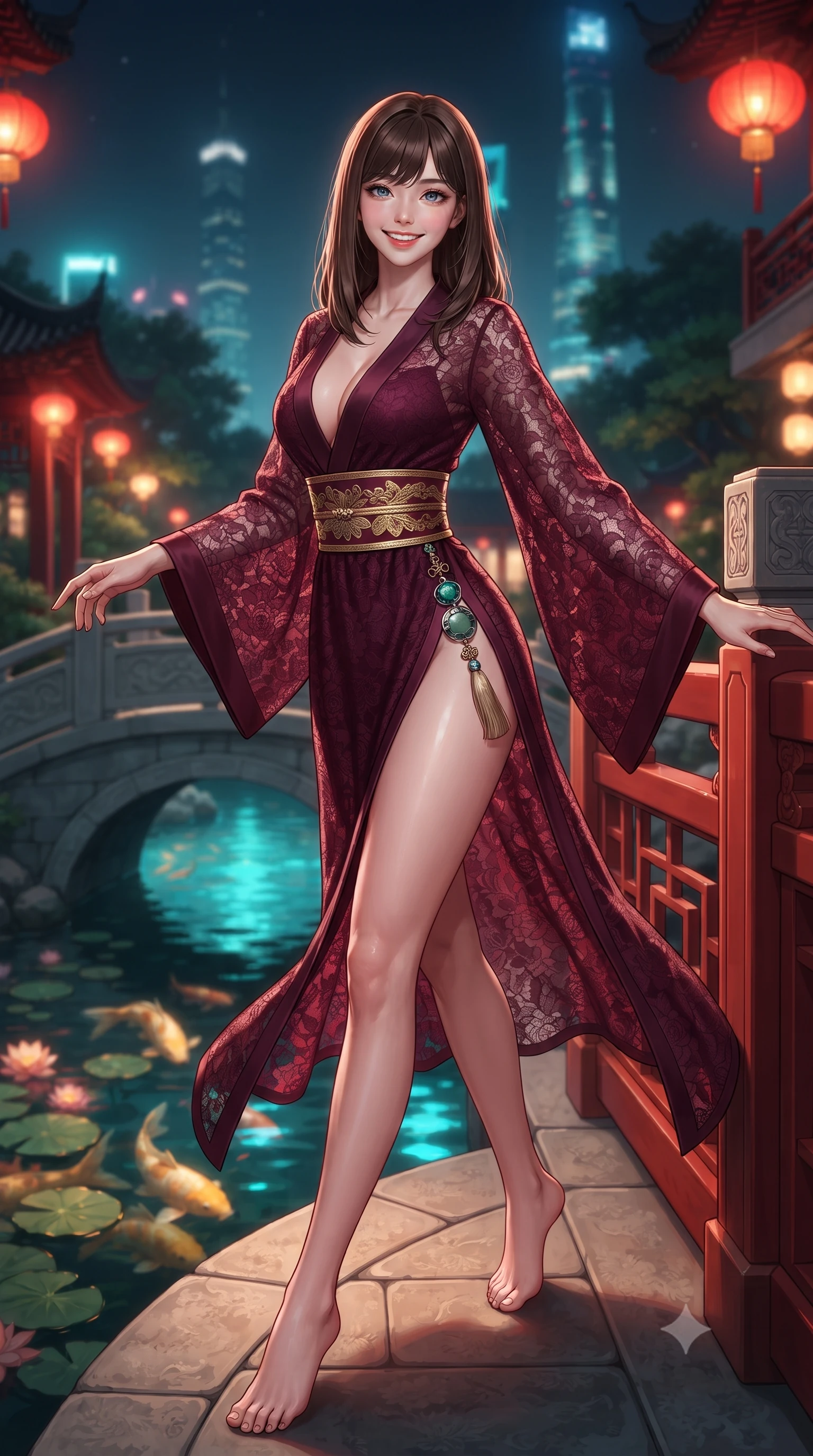 score_9, masterpiece, best quality, ultra-detailed, high-budget anime keyframe, editorial fashion photography, tasteful artistic composition, Korean woman. low angle full-body shot from head to toe showing her feet, filling the entire 9:16 vertical frame with her statuesque presence, stretching her vertical silhouette. stepping forward gracefully across the stone bridge in mid-motion with a radiant beaming smile, hips swaying in an alluring kinetic rhythm that accentuates her curvy hourglass silhouette and long slender legs while leaning against the vermilion bridge balustrade with hips cocked back, casting an intoxicating bedroom-gaze over the illuminated koi pond. The background shows a soft-focus swimming golden koi fish beneath lotus pads and distant illuminated Shanghai skyscrapers softened in surreal fusion shallow focus. She has an absolutely perfect, statuesque 8.5-heads proportion, an exceptionally tall and slender model-like female figure with impossibly long slender legs, an ultra-slim waist, a flat toned midriff, narrow delicate ribcage, and beautifully sculpted feminine hips creating a graceful, slim hourglass silhouette without any bulky heaviness. sharp v-shaped jawline, high-bridge nose, intricate jewel-like dark sparkling almond eyes with depth, thick lashes, glossy parted lips with a natural rose-plum sheen, bright alluring and coquettish smile with bedroom-eyes, exuding both timeless oriental elegance and sovereign high-fashion allure, flawlessly proportioned anatomical accuracy, strict slender model proportions, natural body alignment, perfectly sculpted long slender limbs, ultra-slim waistline, clean dynamic posture without body distortion. wearing a deep plunging-V modern kimono gown with wide flowing sleeves and a waist-cinching gold embroidered sash in deep wine burgundy and brushed antique gold, woven from delicate semi-opaque floral lace with oriental peony patterns, finished with an ornate modern norigae tassel with polished jade and chrome charms resting on her curvy hips, the precision-cut side hip slits and low-back scoop framing her graceful spine and the sensual sweep of her slim, toned hips. bathed in vibrant red lantern warmth and cool electric cyan water reflections. ultra-reflective glossy finish, specular highlights, rich textural contrasts, high-contrast stereoscopic depth, volumetric dynamic lighting, 2k, ultra detail, master piece, 9:16 ratio