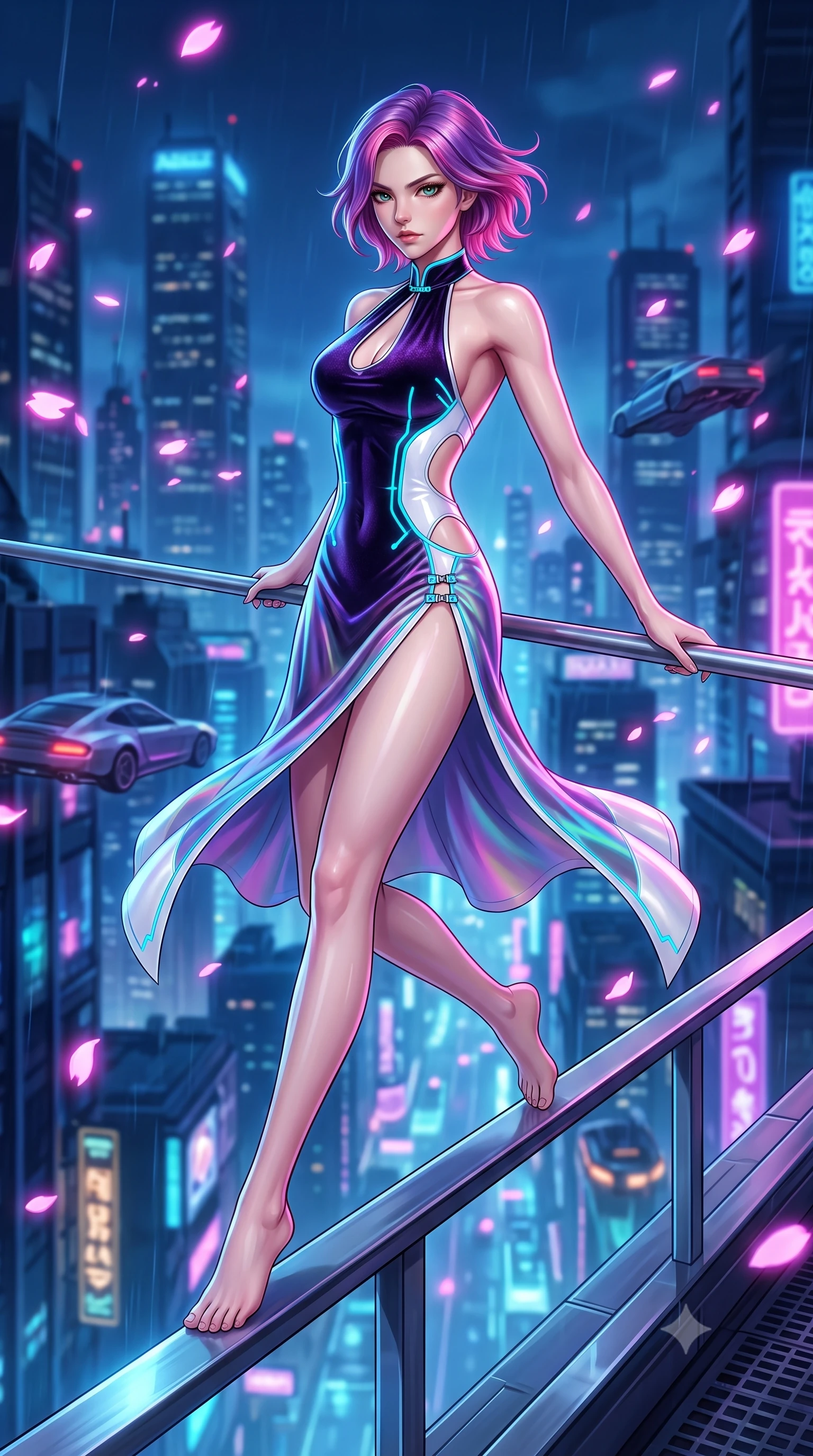 score_9, masterpiece, best quality, ultra-detailed, high-budget anime keyframe, semi-realistic 3D game render, editorial fashion photography, tasteful artistic composition, Caucasian woman. low angle full-body shot from head to toe showing her feet, filling the entire 9:16 vertical frame with her statuesque presence, stretching her vertical silhouette. leaping through mid-air with an athletic yet alluring arch of her spine, her impossibly long slender legs stretched in flawless poise while leaning dangerously against a sleek rooftop railing overlooking an infinite neon-lit metropolis. The composition keeps background elements in soft focus with creamy bokeh. distant skyscraper towers and hovering aero-cars softened by shallow atmospheric focus. She has an absolutely perfect, statuesque 8.5-heads proportion, an exceptionally tall and slender model-like female figure with impossibly long slender legs and an ultra-slim waist. sharp v-shaped jawline, high-bridge nose, intricate jewel-like eyes with depth, thick eyelashes, glossy lips with a natural sheen, flawlessly proportioned anatomical accuracy, natural body alignment, perfectly sculpted elegant limbs, clean dynamic posture without body distortion. wearing a velvet halter-neck midi dress fitting her statuesque contour flawlessly with a Tasteful chest slit and open spine in pure snow white latex and glowing cyan circuit seams, made of smooth iridescent silk chiffon that shifts colors with movement, finished with an ultra-high side slit secured by miniature magnetic clasps, the daring cutouts accentuating her delicate midriff, graceful collarbones, and feminine contour. illuminated by electric pink neon glow from sakura petals and deep blue urban night fill. highly saturated vibrant anime colors, detailed shading with soft gradients, rich glossy textures, high-contrast stereoscopic depth, volumetric dynamic lighting, master piece, 9:16 ratio