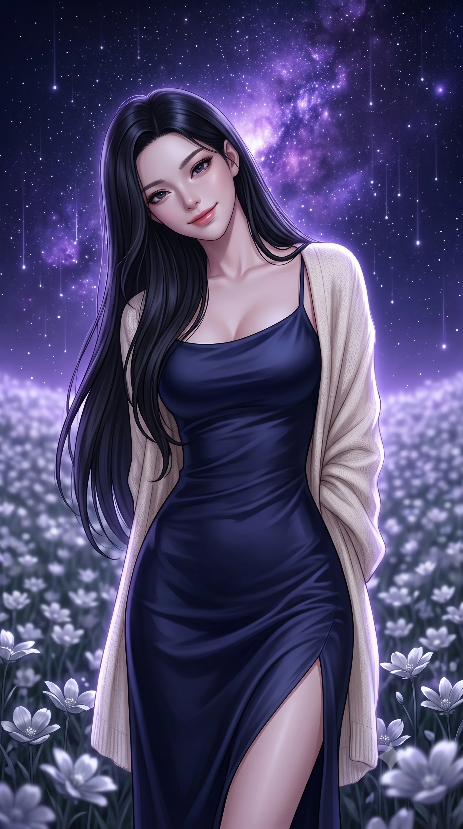 score_9, masterpiece, best quality, ultra-detailed, high-budget anime keyframe, editorial fashion photography, tasteful artistic composition, Korean woman. close-up cowboy shot from the waist and thighs up, the character dominates the composition, filling the frame with her large presence, background elements kept in soft focus. Gently tilting her head with a serene, peaceful smile of quiet happiness. set against a soft-focus background of in an endless field of silver flowers swaying in the night breeze under a sky filled with glowing violet nebulae and falling stardust. She has an exceptionally elegant, slender, and willowy female figure with a highly-defined ultra-slim waist, a gracefully sculpted slender torso, and a refined slim-fit silhouette that contours her form. sharp v-shaped jawline, high-bridge nose, intricate jewel-like eyes with depth, thick eyelashes, glossy lips with a natural sheen. wearing a deep navy silk slip midi dress featuring a tasteful side thigh slit, layered with a soft cream knit shawl. cool starlight and deep violet cosmic light wrapping the silver meadow in a soft glowing atmosphere. 2k, ultra detail, master piece, 9:16 ratio