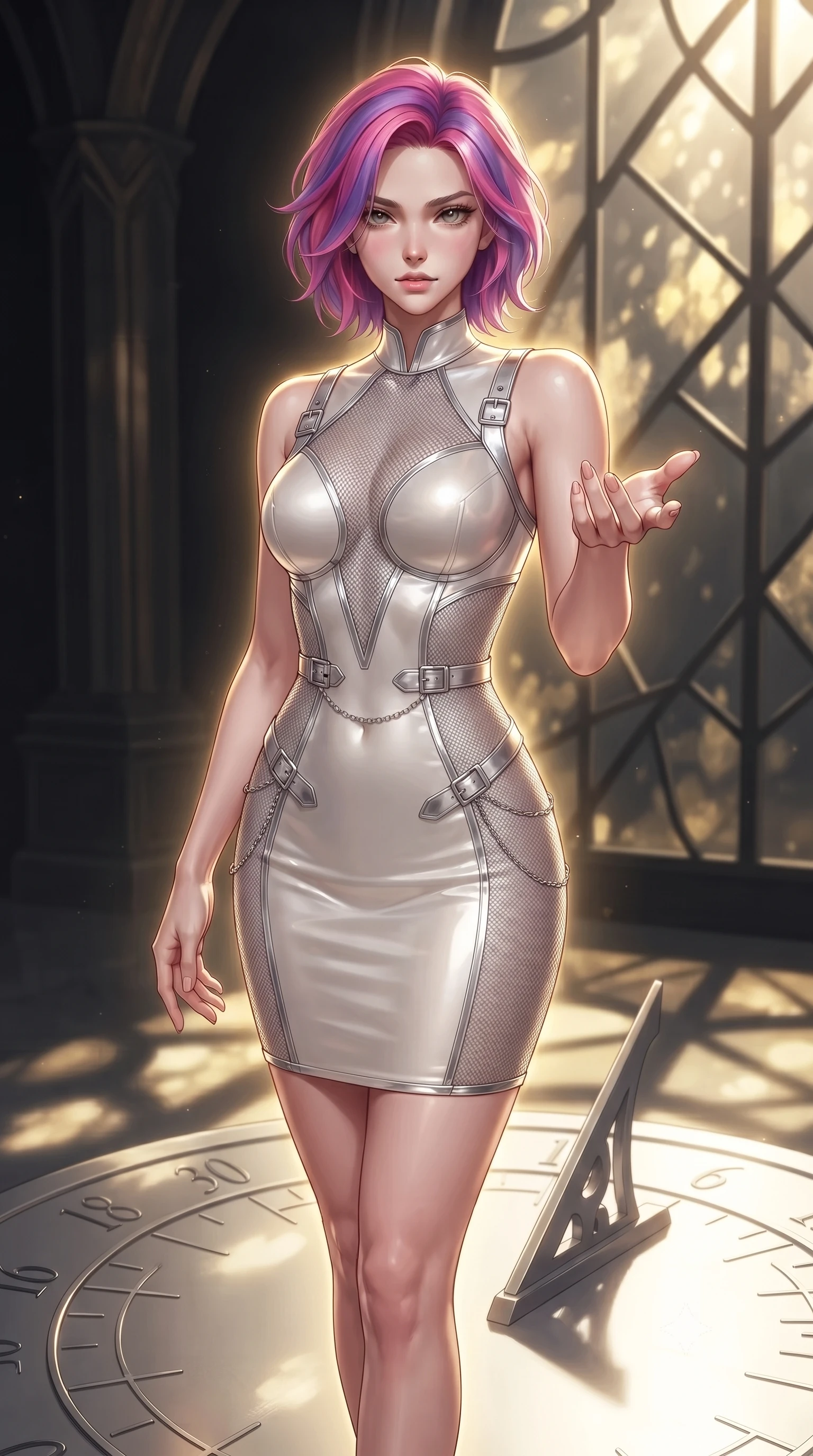 score_9, masterpiece, best quality, ultra-detailed, high-budget anime keyframe, editorial fashion photography, tasteful artistic composition, Caucasian woman. close-up cowboy shot from the waist and thighs up, the character dominates the composition, filling the frame with her large presence, background elements kept in soft focus. Reaching one hand toward the viewer with relaxed elegance, standing on a platinum sun-dial dial while eclipse light streams through glass panes, high-contrast golden-on-dark lighting emphasizing her vertical pose. She has an exceptionally elegant, slender, and willowy female figure with an ultra-slim waist, a gracefully sculpted slender torso, and a refined silhouette. sharp v-shaped jawline, high-bridge nose, intricate jewel-like eyes with depth, thick eyelashes, glossy lips with a natural sheen. wearing precision-fitted bodycon dress in high-gloss liquid pearl vinyl in pearl white, made of fine silver contouring mesh, framed by polished silver buckles and delicate chain details, accentuating her gracefully sculpted slender torso. surrounded by a glowing golden aura with sharp rim highlights. highly saturated vibrant anime colors, detailed shading with soft gradients, rich glossy textures, high-contrast stereoscopic depth, volumetric dynamic lighting, master piece, 9:16 ratio