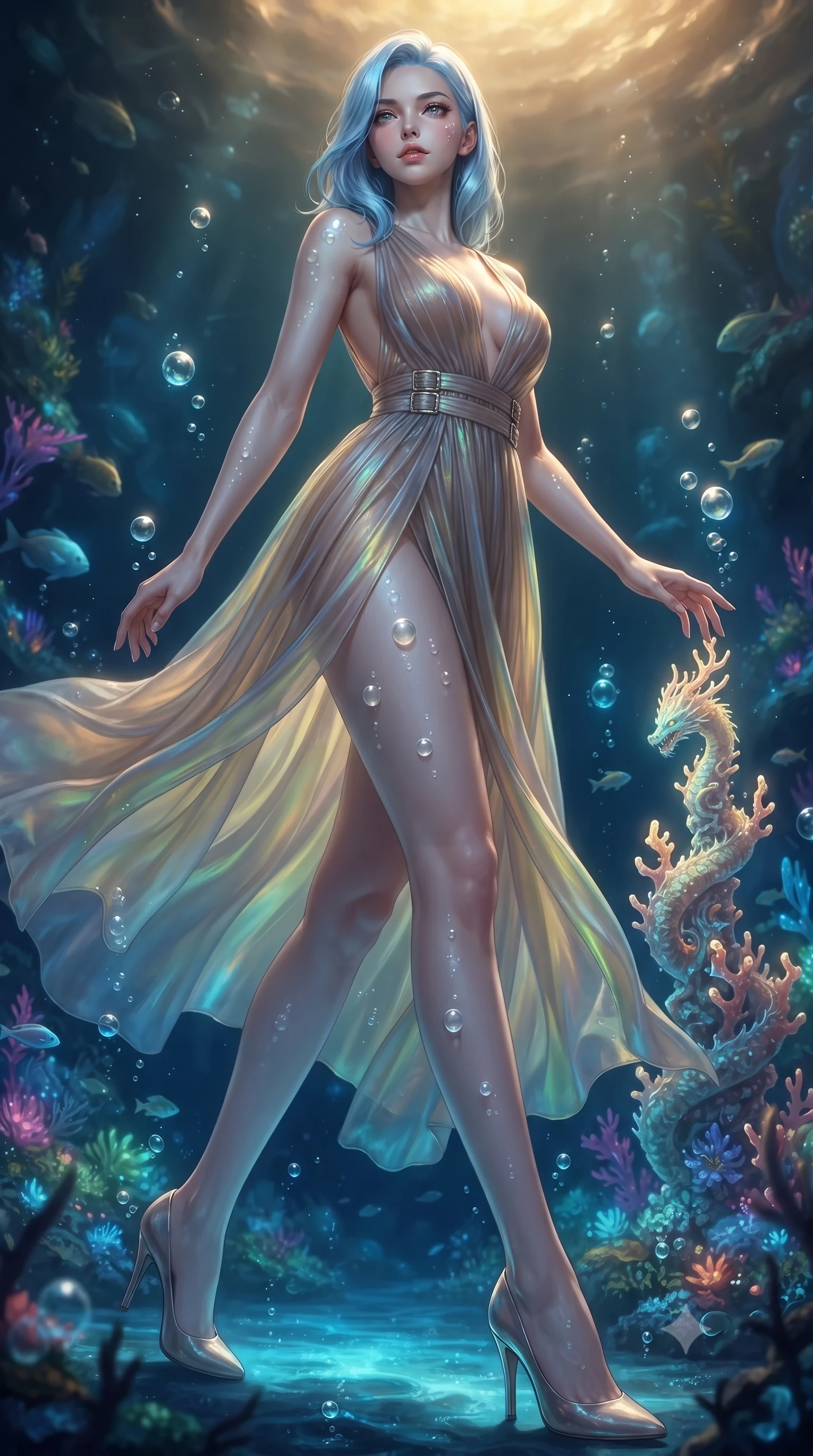 score_9, masterpiece, best quality, ultra-detailed, high-budget anime keyframe, editorial fashion photography, tasteful artistic composition, Korean woman. low angle full-body shot from head to toe showing her feet, filling the entire 9:16 vertical frame with her statuesque presence, stretching her vertical silhouette. stepping forward in a proud dynamic stride, her vertical silhouette filling the frame with statuesque presence while reaching her hand out to touch a glowing coral dragon spire surrounded by rising bubbles, rising bioluminescent bubbles casting soft pearl-like highlights on her skin. She has an absolutely perfect, statuesque 8.5-heads proportion, an exceptionally tall and slender model-like female figure with impossibly long slender legs and an ultra-slim waist. sharp v-shaped jawline, high-bridge nose, intricate jewel-like eyes with depth, thick eyelashes, glossy lips with a natural sheen, flawlessly proportioned anatomical accuracy, natural body alignment, perfectly sculpted elegant limbs, clean dynamic posture without body distortion. wearing a translucent iridescent chiffon gown with a plunging neckline and open back in muted taupe and soft ivory, crafted from iridescent chiffon that shifts colors in the light, detailed with polished silver buckles along the waistline, the elegant draped fit framing her graceful clavicle and slender torso. illuminated by deep sea bioluminescence and warm golden top lighting. ultra-reflective glossy finish, specular highlights, metallic sheen, high-contrast stereoscopic depth, volumetric dynamic lighting, 2k, ultra detail, master piece, 9:16 ratio