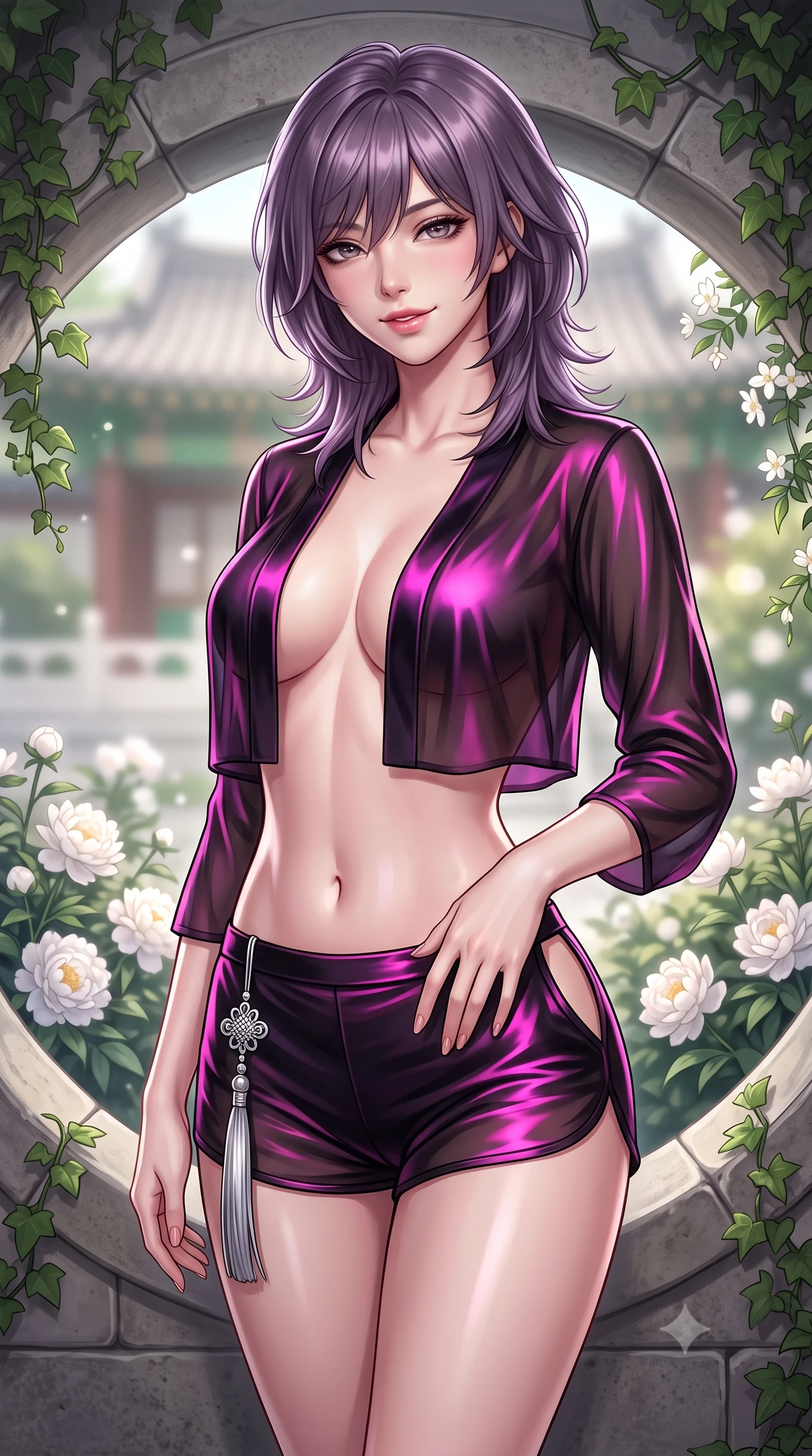 score_9, masterpiece, best quality, ultra-detailed, high-budget anime keyframe, semi-realistic 3D game render, editorial fashion photography, tasteful artistic composition, Japanese woman. close-up cowboy shot from the waist and thighs up, the character dominates the composition, filling the frame with her large presence. tilting her head with a teasing half-smile, running one hand slowly down the side of her hip in a flirtatious S-curve as ambient light caresses her silhouette while framed within the circular stone moon gate, arching her spine with enchanting siren grace as ivy trails around her shoulders. The background shows a soft-focus clusters of night-blooming white peonies, climbing jasmine, and distant palace courtyards blurred into cream, emerald, and silver bokeh. She has an exceptionally elegant, slender, and willowy female figure with an ultra-slim waist, flat toned midriff, narrow ribcage, and sculpted feminine hips creating an alluring, slim hourglass silhouette without bulk. sharp v-shaped jawline, high-bridge nose, sparkling eyes with hypnotic seductive depth, thick curled eyelashes, glossy parted lips with a natural dewy peach sheen, alluring bedroom-eyes with an enchanting coquettish smile, exuding magnetic siren charisma and sophisticated glamour, flawlessly proportioned anatomical accuracy, strict slender model proportions, natural body alignment, perfectly sculpted long slender limbs, ultra-slim waistline, clean dynamic posture without body distortion. wearing a modern two-piece royal silk loungewear set featuring an open-front short bolero and form-fitting silk hot-pants in wet-look onyx black with electric fuchsia reflections, made of sheer gossamer chiffon that drapes softly against skin with airy translucence, accented with an intricate silver norigae tassel swaying gracefully along her curving hip line, the precision-cut side openings and low-back scoop framing her graceful spine and the sensual sweep of her slim, toned hips. illuminated by stone bounce fill and sharp platinum rim lights defining her collarbones, narrow waist, and curvy hips. highly saturated vibrant anime colors, detailed shading with soft gradients, rich glossy textures, high-contrast stereoscopic depth, volumetric dynamic lighting, master piece, 9:16 ratio