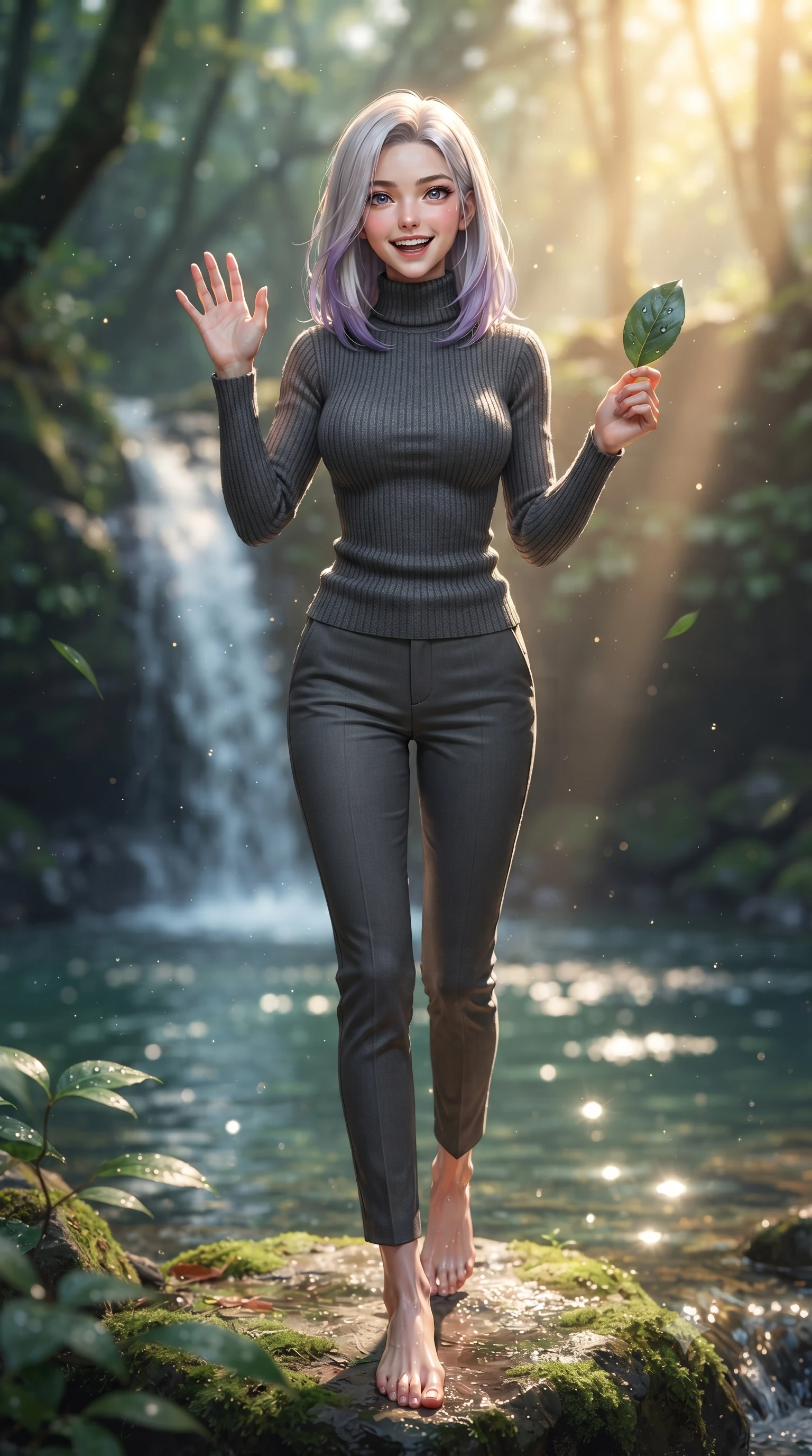 score_9, masterpiece, best quality, ultra-detailed, high-budget anime keyframe, editorial fashion photography, tasteful artistic composition, Caucasian woman. low angle full-body shot from head to toe showing her feet, filling the entire 9:16 vertical frame with her statuesque presence, stretching her vertical silhouette. stepping forward with a bright, cheerful smile, waving happily at the viewer set against a soft-focus background of near a beautiful forest waterfall with clean water splashing into a pool holding a smooth green leaf with a happy, refreshed expression. She has an absolutely perfect, statuesque 8.5-heads proportion, an exceptionally tall and slender model-like female figure with impossibly long slender legs and an ultra-slim waist. sharp v-shaped jawline, high-bridge nose, intricate jewel-like eyes with depth, thick eyelashes, glossy lips with a natural sheen. wearing body-hugging body-hugging ribbed knit sweater in charcoal, paired with slim-fit trousers. cool forest shadows contrasting with warm shafts of sunbeams. ultra-reflective glossy finish, specular highlights, metallic sheen, high-contrast stereoscopic depth, volumetric dynamic lighting, 2k, ultra detail, master piece, 9:16 ratio