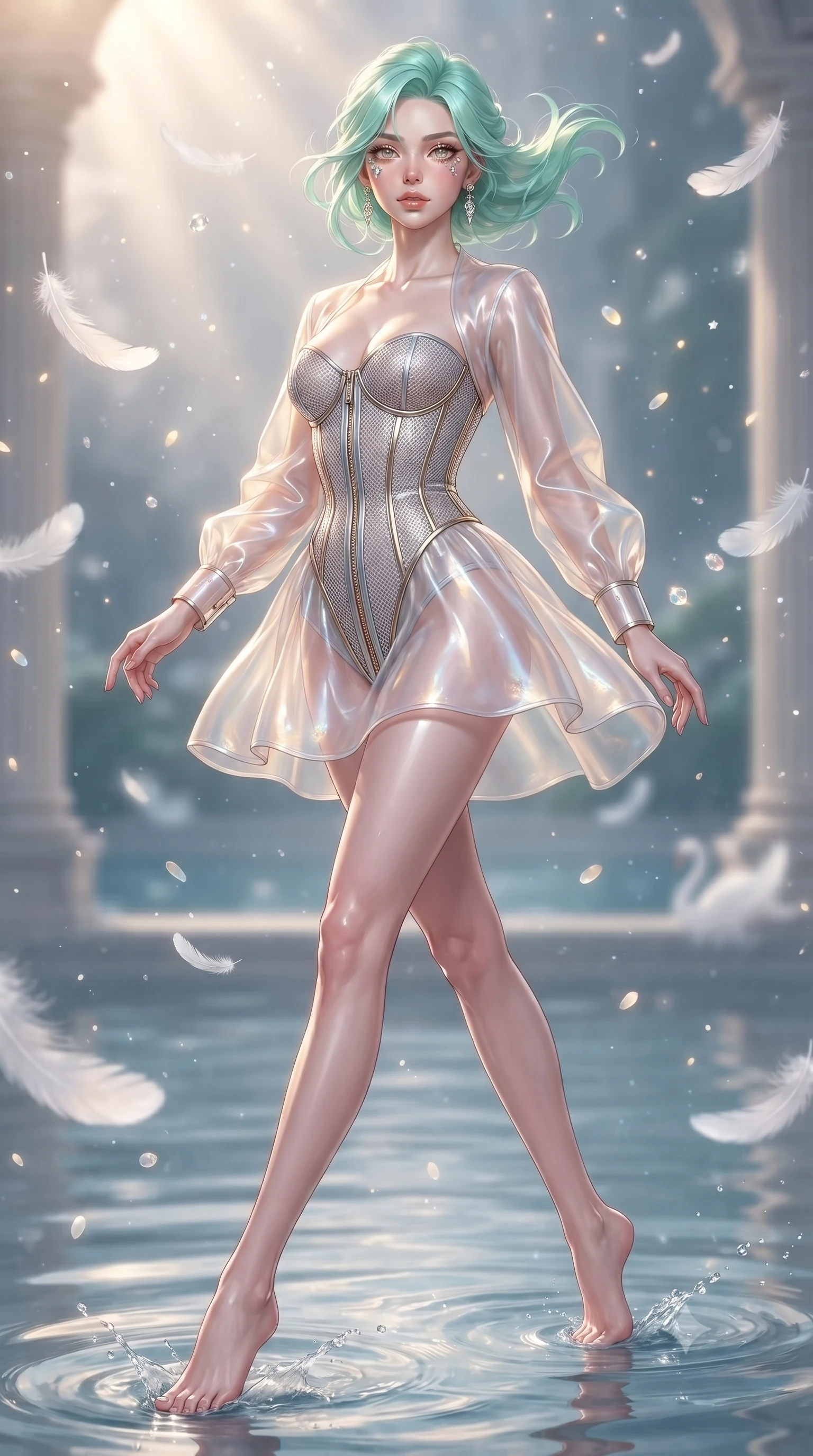 score_9, masterpiece, best quality, ultra-detailed, high-budget anime keyframe, editorial fashion photography, tasteful artistic composition, Japanese woman. low angle full-body shot from head to toe showing her feet, filling the entire 9:16 vertical frame with her statuesque presence, stretching her vertical silhouette. interacting with floating opal particles, her long slender legs poised in motion, navigating a serene water sanctuary as white swan feathers hover in zero-gravity, serene angelic aesthetic with refined luxury details. She has an absolutely perfect, statuesque 8.5-heads proportion, an exceptionally tall and slender model-like female figure with impossibly long slender legs and an ultra-slim waist. sharp v-shaped jawline, high-bridge nose, intricate jewel-like eyes with depth, thick eyelashes, glossy lips with a natural sheen. wearing translucent opal organza mini dress over structured white lace corset in pearl white, made of fine silver contouring mesh, finished with metallic gold boning and sleek zipper points, accentuating her gracefully sculpted slender torso. illuminated by soft golden dawn beams and pure white feather light. ultra-reflective glossy finish, specular highlights, metallic sheen, high-contrast stereoscopic depth, volumetric dynamic lighting, 2k, ultra detail, master piece, 9:16 ratio