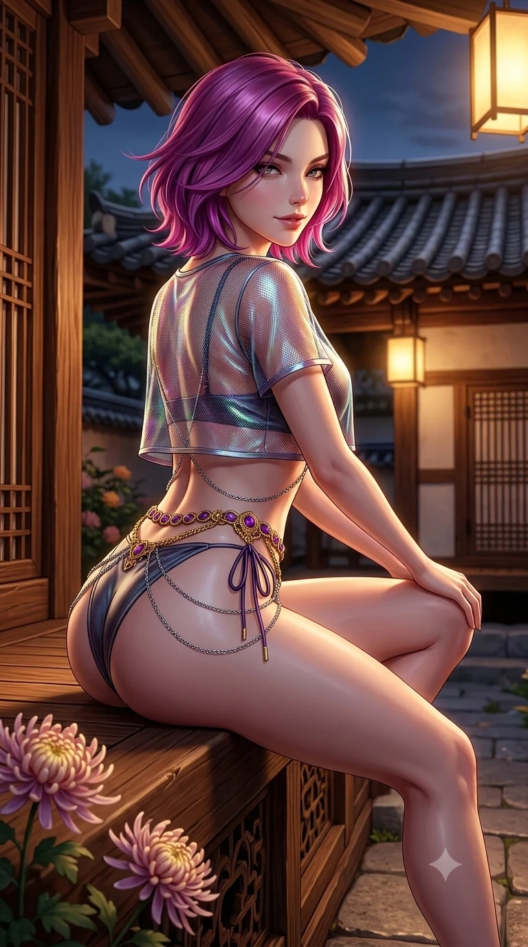 score_9, masterpiece, best quality, ultra-detailed, high-budget anime keyframe, semi-realistic 3D game render, editorial fashion photography, tasteful artistic composition, Caucasian woman. close-up cowboy shot from the waist and thighs up, the character dominates the composition, filling the frame with her large presence. turning slowly with an enchanting smoldering smile, her glossy hair tossing in the breeze as her hips angle gracefully in a captivating contrapposto while perched sideways on the wooden maru veranda edge, one knee drawn up to showcase her slender leg line while her arched back accentuates her feminine curves. The surrounding environment is rendered in vivid detail and crisp panoramic clarity: sharp clay roof tile ridges, carved wooden maru grain, and delicate chrysanthemum petal edges in deep focus. She has an exceptionally elegant, slender, and willowy female figure with an ultra-slim waist, flat toned midriff, narrow ribcage, and sculpted feminine hips creating an alluring, slim hourglass silhouette without bulk. sharp v-shaped jawline, high-bridge nose, sparkling eyes with hypnotic seductive depth, thick curled eyelashes, glossy parted lips with a natural dewy peach sheen, alluring bedroom-eyes with an enchanting coquettish smile, exuding magnetic siren charisma and sophisticated glamour, flawlessly proportioned anatomical accuracy, strict slender model proportions, natural body alignment, perfectly sculpted long slender limbs, ultra-slim waistline, clean dynamic posture without body distortion. wearing a translucent iridescent mesh crop top paired with high-cut string bikini bottoms and gold norigae waist chains in imperial gold and royal plum purple, made of liquid dark mercury jersey with seamless sculpting hold and fluid drape, accented with an open-back drape framed by falling strands of delicate chrome chains, the precision-cut side openings and low-back scoop framing her graceful spine and the sensual sweep of her slim, toned hips. illuminated by courtyard lantern bounce and sharp honey-gold rim lights sculpting her razor-sharp jawline, narrow waist, and curvy hips. highly saturated vibrant anime colors, detailed shading with soft gradients, rich glossy textures, high-contrast stereoscopic depth, volumetric dynamic lighting, master piece, 9:16 ratio