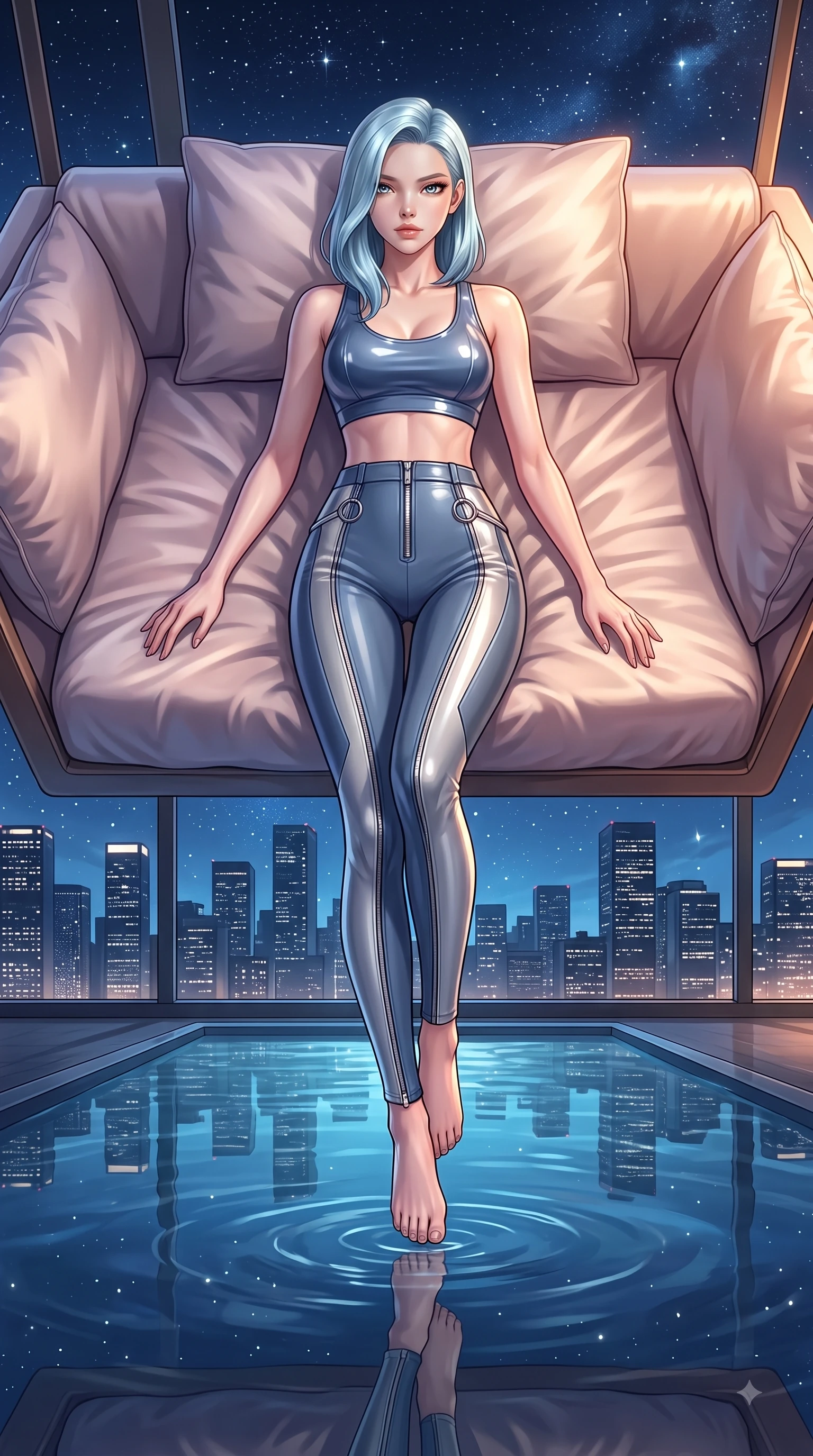 score_9, masterpiece, best quality, ultra-detailed, high-budget anime keyframe, editorial fashion photography, tasteful artistic composition, Korean woman. low angle full-body shot from head to toe showing her feet, filling the entire 9:16 vertical frame with her statuesque presence, stretching her vertical silhouette. pivoting dynamically in zero-gravity with fluid S-curve alignment, displaying her perfect model proportions while lounging in an alluring S-curve pose on a plush silk daybed in a penthouse over city lights, still pool water reflecting her statuesque figure and the dramatic night sky flawlessly. She has an absolutely perfect, statuesque 8.5-heads proportion, an exceptionally tall and slender model-like female figure with impossibly long slender legs and an ultra-slim waist. sharp v-shaped jawline, high-bridge nose, intricate jewel-like eyes with depth, thick eyelashes, glossy lips with a natural sheen, flawlessly proportioned anatomical accuracy, natural body alignment, perfectly sculpted elegant limbs, clean dynamic posture without body distortion. wearing a glossy vinyl crop top and high-waist tailored leggings with sleek zippers in slate blue and metallic silver, formed from sleek second-skin neoprene, accented with delicate chrome ring hardware framing her waist, the elegant draped fit framing her graceful clavicle and slender torso. bathed in warm luxury ambient lighting and soft silver moonlight tracing every curve. highly saturated vibrant anime colors, detailed shading with soft gradients, rich glossy textures, high-contrast stereoscopic depth, volumetric dynamic lighting, master piece, 9:16 ratio