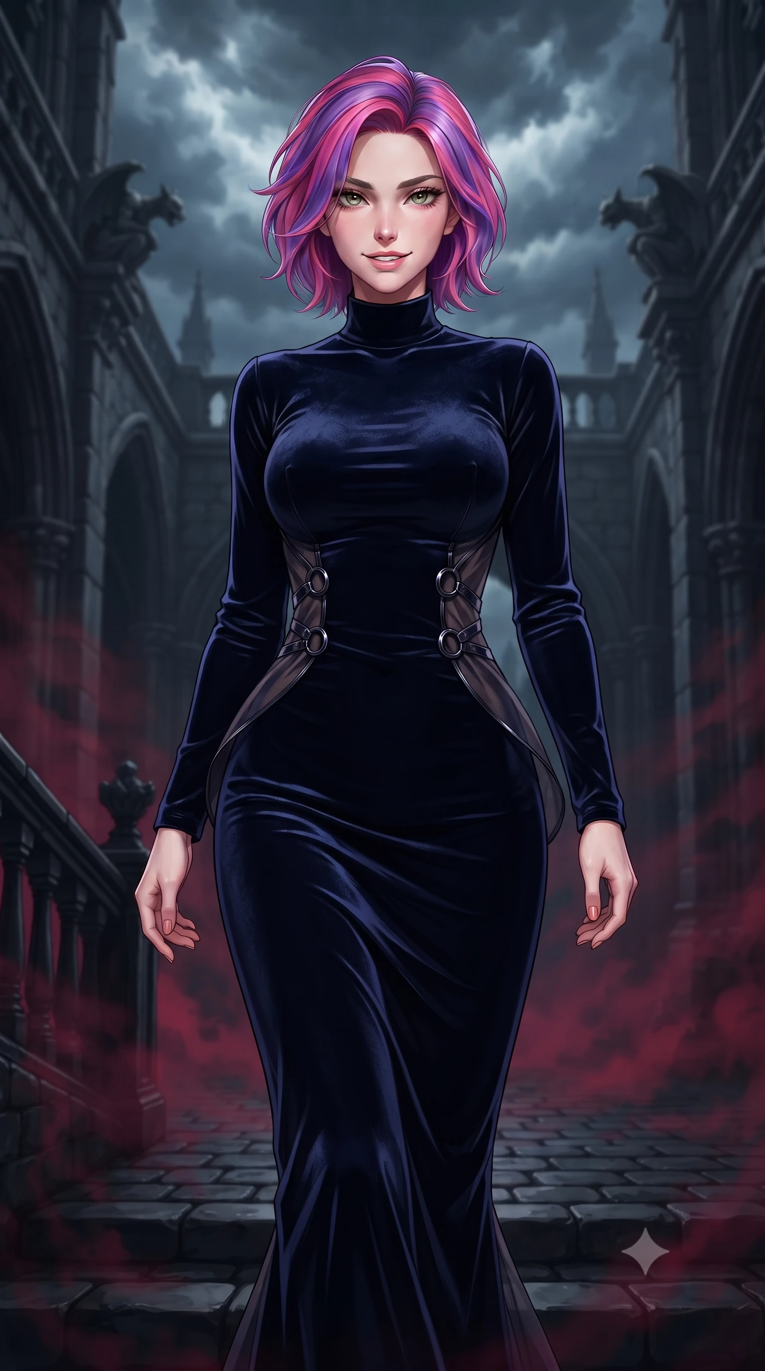 score_9, masterpiece, best quality, ultra-detailed, high-budget anime keyframe, editorial fashion photography, tasteful artistic composition, Caucasian woman. close-up cowboy shot from the waist and thighs up, the character dominates the composition, filling the frame with her large presence, background elements kept in soft focus. Smiling with quiet, magnetic self-assurance directly into the camera, ascending a dark stone staircase in a gothic manor courtyard under stormy skies, eerie dark crimson mist drifting across the dark cobblestones. She has an exceptionally elegant, slender, and willowy female figure with an ultra-slim waist, a gracefully sculpted slender torso, and a refined silhouette. sharp v-shaped jawline, high-bridge nose, intricate jewel-like eyes with depth, thick eyelashes, glossy lips with a natural sheen. wearing floor-length high-neck midnight navy velvet gown with long sleeves in smoky pitch black, made of sheer dark organza overlay, trimmed with dark chrome ring hardware along the waist contours, following her slender form with tailored precision. surrounded by dramatic gothic chiaroscuro with sharp edge highlights. highly saturated vibrant anime colors, detailed shading with soft gradients, rich glossy textures, high-contrast stereoscopic depth, volumetric dynamic lighting, master piece, 9:16 ratio