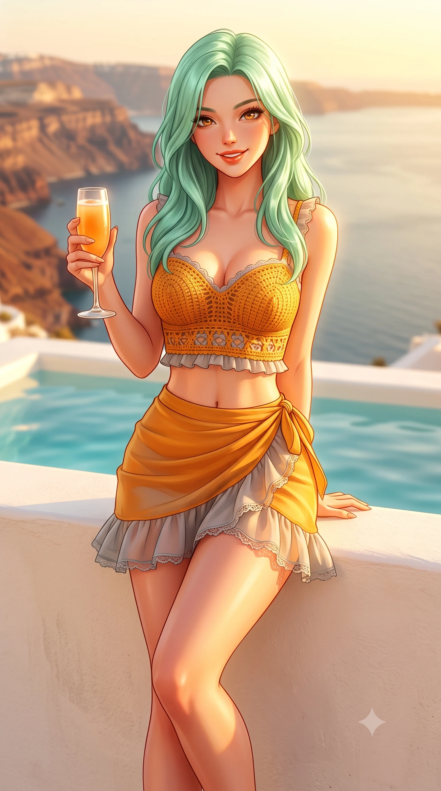 score_9, masterpiece, best quality, ultra-detailed, high-budget anime keyframe, semi-realistic 3D game render, editorial fashion photography, tasteful artistic composition, Japanese woman. close-up cowboy shot from the waist and thighs up, the character dominates the composition, filling the frame with her large presence. resting both hands lightly behind her back while leaning toward the lens with a cheerful, teasing grin, her form-fitting outfit hugging her narrow waist and feminine hip curve while resting on the whitewashed pool ledge with legs crossed, holding an iced bellini while casting a teasing, confident gaze into the camera. The composition keeps background elements in soft focus with dreamy creamy bokeh. the dramatic caldera volcanic rim and shimmering Aegean Sea softened in iconic Greek island shallow focus. She has an exceptionally elegant, slender, and willowy female figure with an ultra-slim waist, flat toned midriff, narrow ribcage, and sculpted feminine hips creating an alluring, slim hourglass silhouette without bulk. sharp v-shaped jawline, high-bridge nose, sparkling amber-hazel eyes with depth, long lush eyelashes, glossy sun-kissed lips with a warm coral glaze, radiant teasing smile with sensual sunlit bedroom-eyes, exuding effortless old-money elegance and intoxicating sun-drenched allure, flawlessly proportioned anatomical accuracy, strict slender model proportions, natural body alignment, perfectly sculpted long slender limbs, ultra-slim waistline, clean dynamic posture without body distortion. wearing a sweetheart-neckline crochet knit crop top paired with a curve-hugging wrap mini skirt accentuating her hips in rich saffron amber and soft dove grey, woven from layered gossamer organza with weightless flutter, finished with subtle ruffle trims and delicate scallop lace edging, the form-contouring cut accentuating her sculpted flat midriff, narrow delicate ribcage, and gracefully curvy hips with sun-drenched supermodel elegance. bathed in intense, glowing Mediterranean golden hour sunlight that bathes every surface in warm amber and gold. highly saturated vibrant anime colors, detailed shading with soft gradients, rich glossy textures, high-contrast stereoscopic depth, volumetric dynamic lighting, master piece, 9:16 ratio