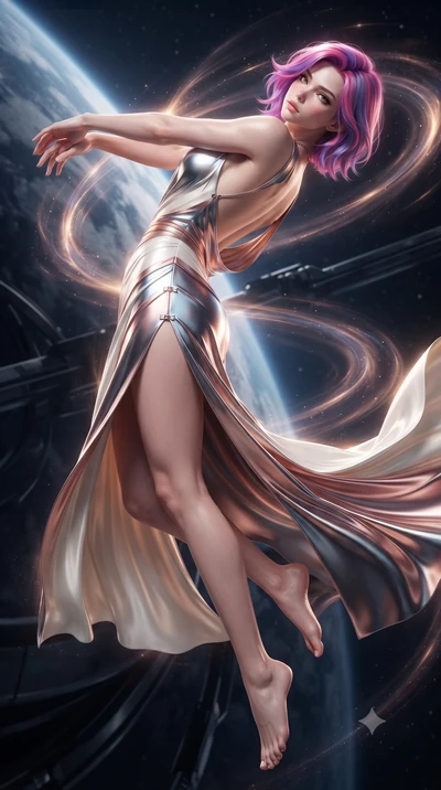 score_9, masterpiece, best quality, ultra-detailed, high-budget anime keyframe, editorial fashion photography, tasteful artistic composition, Caucasian woman. low angle full-body shot from head to toe showing her feet, filling the entire 9:16 vertica