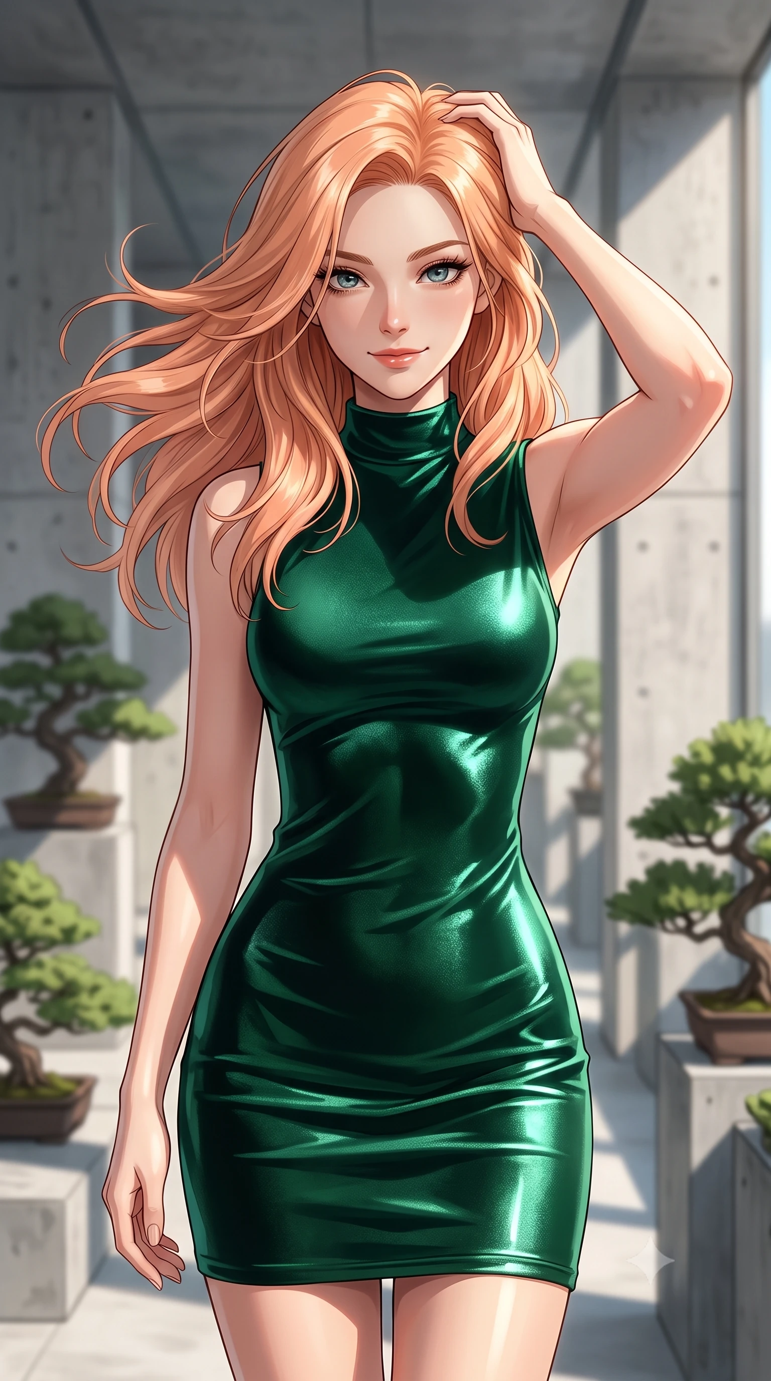 score_9, masterpiece, best quality, ultra-detailed, high-budget anime keyframe, editorial fashion photography, tasteful artistic composition, Japanese woman. close-up cowboy shot from the waist and thighs up, the character dominates the composition, filling the frame with her large presence, background elements kept in soft focus. smiling with quiet, magnetic self-assurance directly into the camera, running a hand through her hair the background shows a soft-focus a modern rail observation deck with minimalist concrete details and bonsai plants. She has an exceptionally elegant, slender, and willowy female figure with an ultra-slim waist, a gracefully sculpted slender torso, and a refined silhouette. sharp v-shaped jawline, high-bridge nose, intricate jewel-like eyes with depth, thick eyelashes, glossy lips with a natural sheen. wearing a slim-fit body-hugging emerald green velvet dress with a simple mock-neck collar. sharp afternoon sunbeams casting clean, structured shadows across her pose. ultra-reflective glossy finish, specular highlights, metallic sheen, high-contrast stereoscopic depth, volumetric dynamic lighting, 2k, ultra detail, master piece, 9:16 ratio