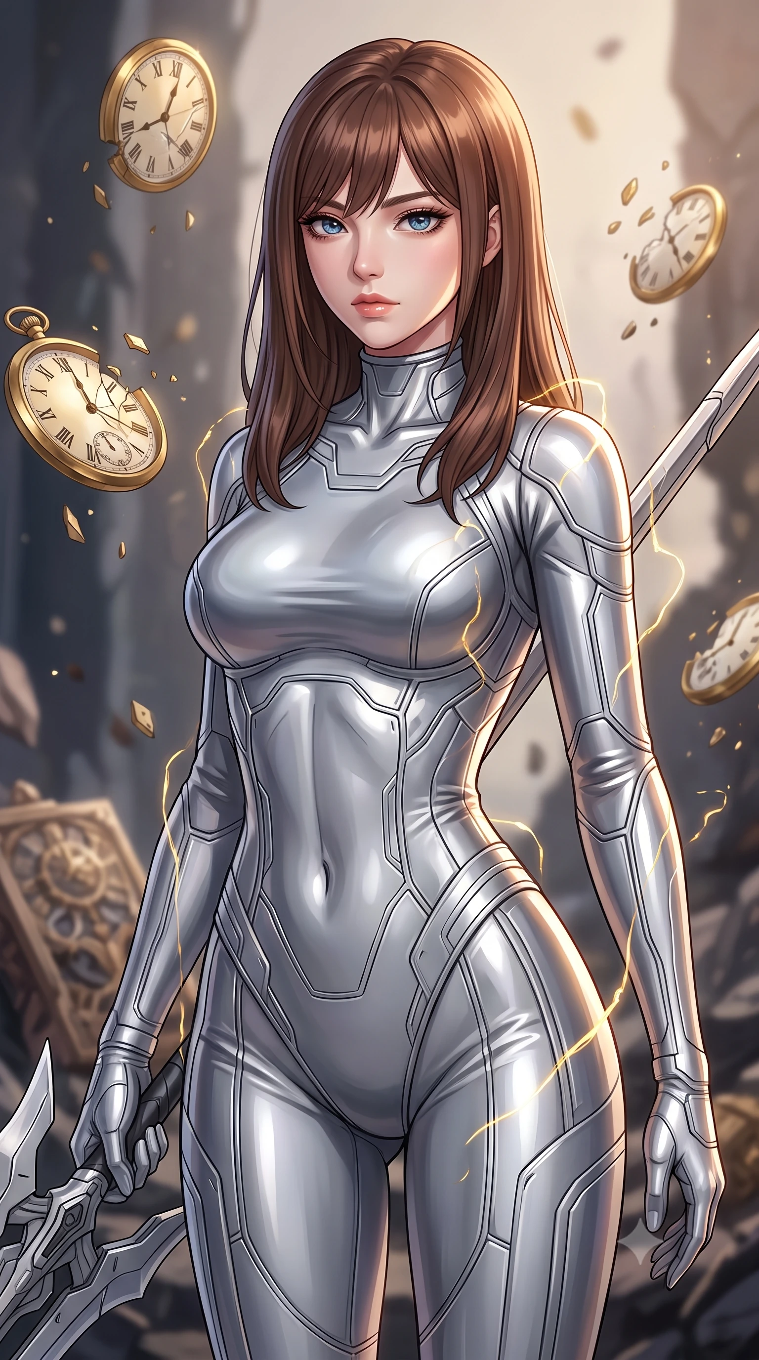 score_9, masterpiece, best quality, ultra-detailed, high-budget anime keyframe, editorial fashion photography, tasteful artistic composition, Korean woman. close-up cowboy shot from the waist and thighs up, the character dominates the composition, filling the frame with her large presence, background elements kept in soft focus. holding a deactivated nanotech glaive, looking past the camera with quiet, sharp focus and a composed expression, the background shows a soft-focus a crumbling obsidian sanctuary where shattered golden clocks float in mid-air. She has an exceptionally elegant, slender, and willowy female figure with an ultra-slim waist, a gracefully sculpted slender torso, and a refined silhouette. sharp v-shaped jawline, high-bridge nose, intricate jewel-like eyes with depth, thick eyelashes, glossy lips with a natural sheen. wearing a tailored form-contouring liquid silver space flight under-suit, contouring her athletic, slender build. flickering gold temporal currents tracing her silhouette with warm key light. highly saturated vibrant anime colors, detailed shading with soft gradients, rich glossy textures, high-contrast stereoscopic depth, volumetric dynamic lighting, master piece, 9:16 ratio