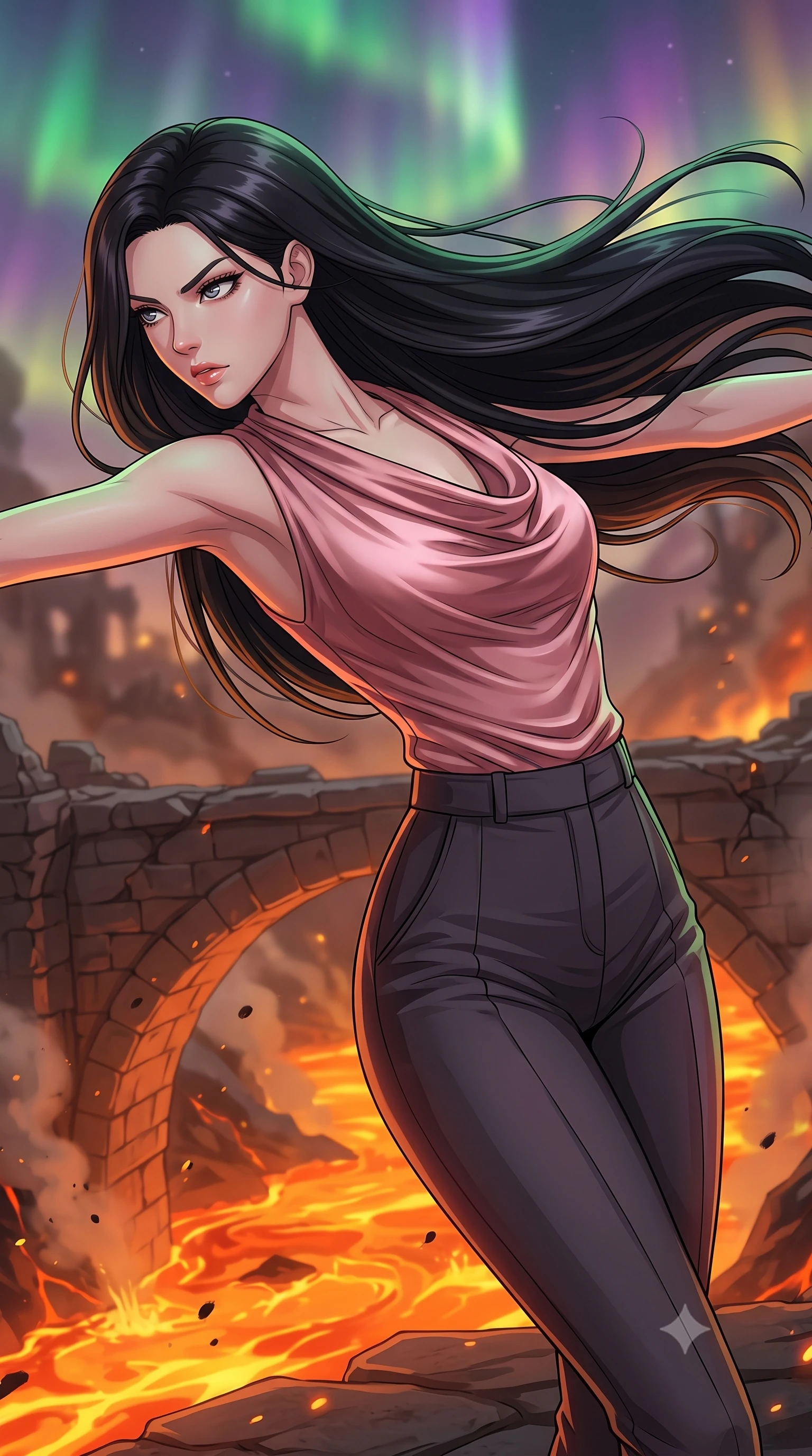 score_9, masterpiece, best quality, ultra-detailed, high-budget anime keyframe, clean line-art, cel-shading, Korean woman. close-up cowboy shot from the waist and thighs up, the character dominates the composition, filling the frame with her large presence, background elements kept in soft focus. Leaning back to dodge a fast strike with fluid grace, casting a cold side-glare. set against a soft-focus background of a crumbling stone bridge over a roaring river of molten orange lava, volcanic ash swirling in the heated updrafts. She has an exceptionally elegant and slender, willowy female figure with an ultra-slim waist, a gracefully sculpted slender torso, and a refined slim physique. sharp v-shaped jawline, high-bridge nose, intricate jewel-like eyes with depth, thick eyelashes, glossy lips with a natural sheen. wearing tailored for maximum mobility, sleek form-contouring panels that allow fluid movement, a body-hugging draped cowl-neck top in dusty pink satin, paired with high-waisted tailored trousers in deep charcoal. illuminated by a shifting aurora palette of green violet and gold from above. highly saturated vibrant anime colors, intense vivid color palette, volumetric dynamic lighting, 2k, ultra detail, master piece, 9:16 ratio