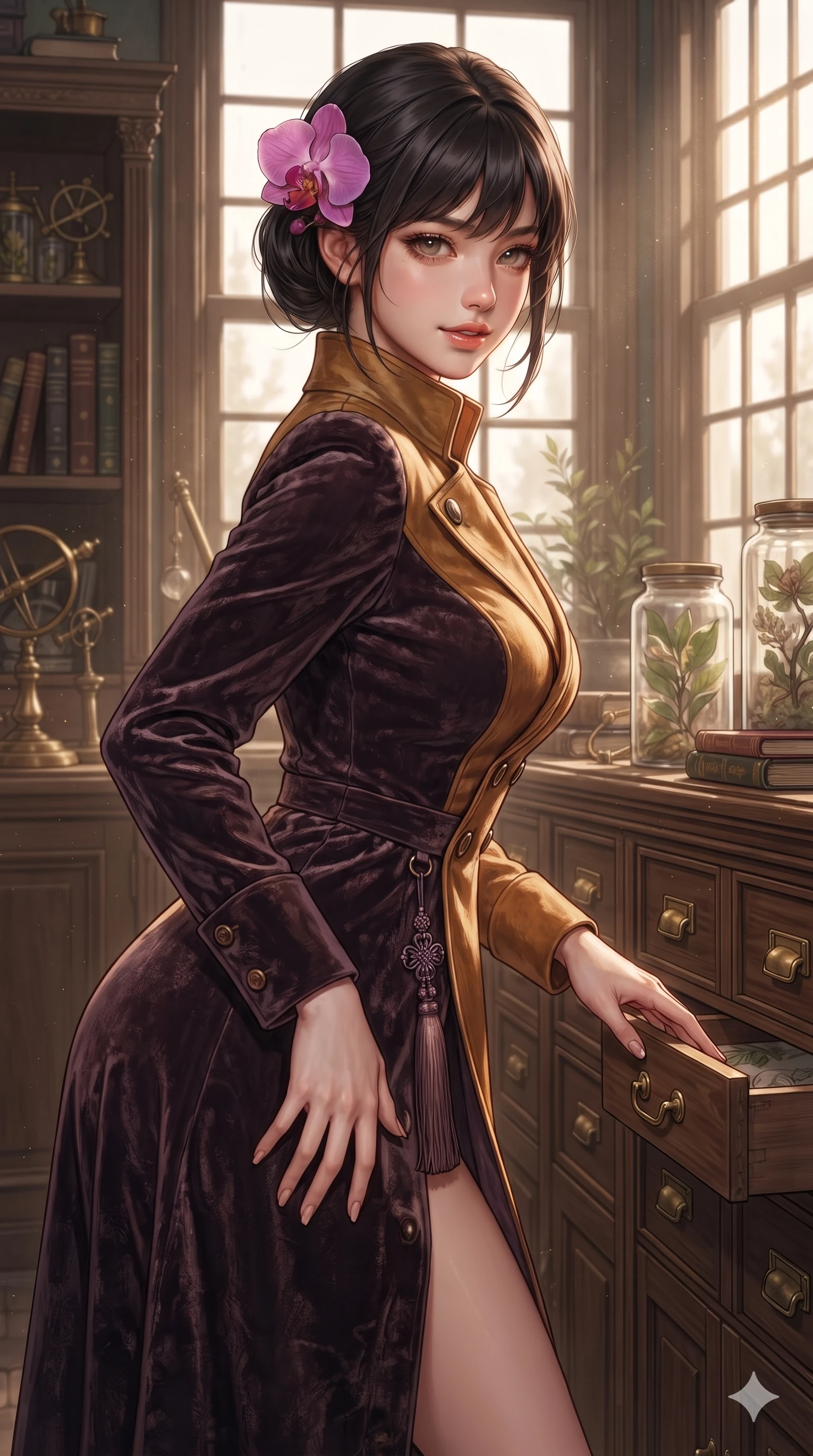 score_9, masterpiece, best quality, ultra-detailed, high-budget anime keyframe, editorial fashion photography, tasteful artistic composition, Korean woman. close-up cowboy shot from the waist and thighs up, the character dominates the composition, filling the frame with her large presence. tilting her head with a teasing half-smile, running one hand slowly down the side of her hip in a flirtatious S-curve as ambient light caresses her silhouette while sliding a brass-handled specimen drawer open with long manicured fingers, glancing over a bare shoulder with parted glossy lips. The surrounding environment is rendered in vivid detail and crisp panoramic clarity: detailed liquid silk satin halter leotard drape, norigae tassel accents, and vintage cabinetwork in razor-sharp clarity. She has an exceptionally elegant, slender, and willowy female figure with an ultra-slim waist, flat toned midriff, narrow ribcage, and sculpted feminine hips creating an alluring, slim hourglass silhouette without bulk. sharp v-shaped jawline, high-bridge nose, sparkling eyes with hypnotic seductive depth, thick curled eyelashes, glossy parted lips with a natural dewy peach sheen, alluring bedroom-eyes with an enchanting coquettish smile, exuding magnetic siren charisma and sophisticated glamour, flawlessly proportioned anatomical accuracy, strict slender model proportions, natural body alignment, perfectly sculpted long slender limbs, ultra-slim waistline, clean dynamic posture without body distortion. wearing a structured high-collar silk linen trench coat dress with horn buttons and pleated storm flap in warm amber honey and rustic dried lavender, tailored from crushed dark velvet with deep light-absorbing plush texture, accented with a fresh-bloomed exotic magenta orchid tucked gracefully into her dark glossy hair, the bespoke structured tailoring following the natural line of her 8.5-heads silhouette with refined elegance. bathed in soft warm afternoon light streaming through tall library sash windows with drifting dust motes. ultra-reflective glossy finish, specular highlights, rich textural contrasts, high-contrast stereoscopic depth, volumetric dynamic lighting, 2k, ultra detail, master piece, 9:16 ratio