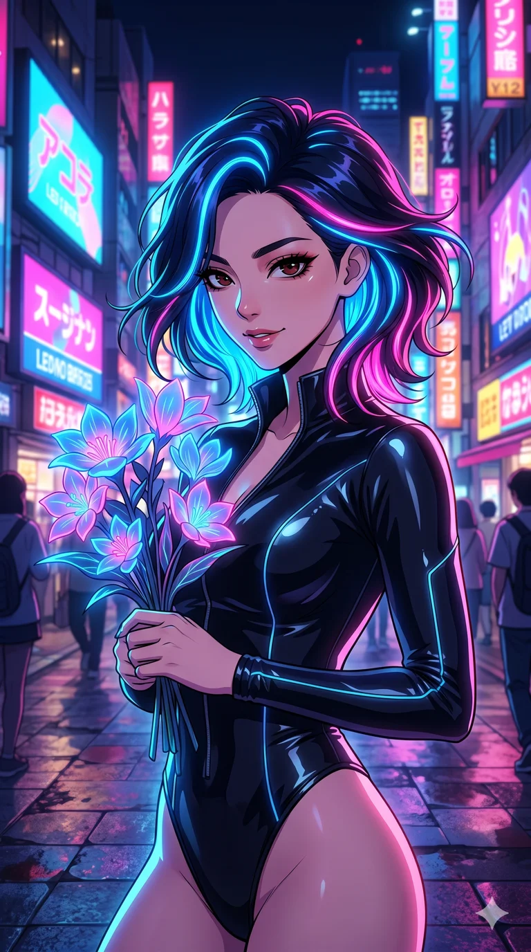 score_9, masterpiece, best quality, ultra-detailed, high-budget anime keyframe, vibrant colors and expressive line art, an incredibly beautiful Korean woman. Medium shot of upper body focusing on her alluring and cute features and her cyber-glow hair with pitch black base and glowing neon-blue and hot-pink highlights, filling the vertical 9:16 frame. She is holding a bouquet of bioluminescent flowers that match her hair. She has a sharp v-shaped jawline, high-bridge nose, intricate jewel-like eyes, thick eyelashes, and glossy lips. She possesses an absolutely perfect 8-heads proportion and a slim-fit silhouette. She is wearing a seductive high-cut glossy latex bodysuit with an unzipped neckline, highlighting her alluring silhouette. a neon-lit Harajuku street at night with vibrant bokeh lights, dramatic rim lighting, cinematic shadows, 2k, ultra detail, master piece, 9:16 ratio