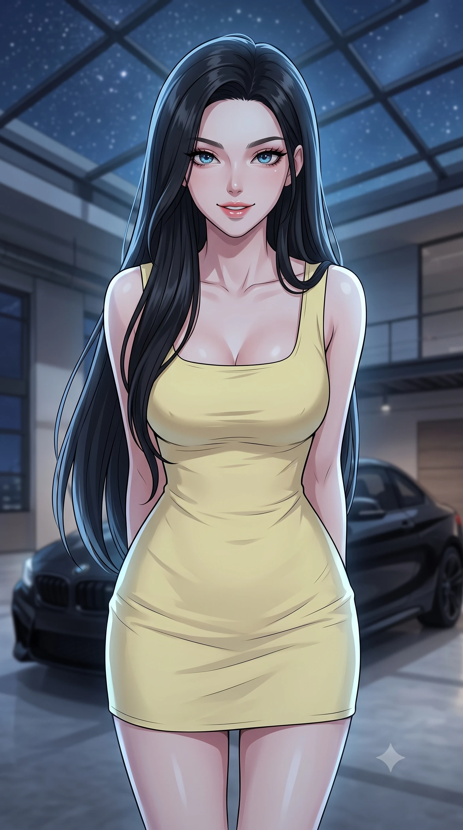 score_9, masterpiece, best quality, ultra-detailed, high-budget anime keyframe, tasteful artistic composition, Korean woman. close-up cowboy shot from the waist and thighs up, the character dominates the composition, filling the frame with her large presence, background elements kept in soft focus. leaning slightly forward with a playful, teasing smile, her gaze locked onto the viewer the background shows a soft-focus a modern loft garage with glass ceilings showing stars and a parked black coupe. She has an exceptionally elegant, slender, and willowy female figure with an ultra-slim waist, a gracefully sculpted slender torso, and a refined silhouette. sharp v-shaped jawline, high-bridge nose, intricate jewel-like eyes with depth, thick eyelashes, glossy lips with a natural sheen. wearing a slim-fit casual summer sundress in pale yellow cotton with a simple square neckline. soft silver moonlight wrapping her silhouette in a cool cosmic glow. highly saturated vibrant anime colors, cel-shading, 2d style, master piece, 9:16 ratio