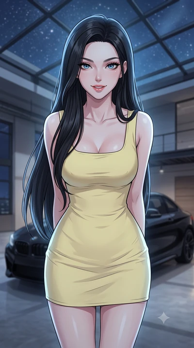 score_9, masterpiece, best quality, ultra-detailed, high-budget anime keyframe, tasteful artistic composition, Korean woman. close-up cowboy shot from the waist and thighs up, the character dominates the composition, filling the frame with her large 