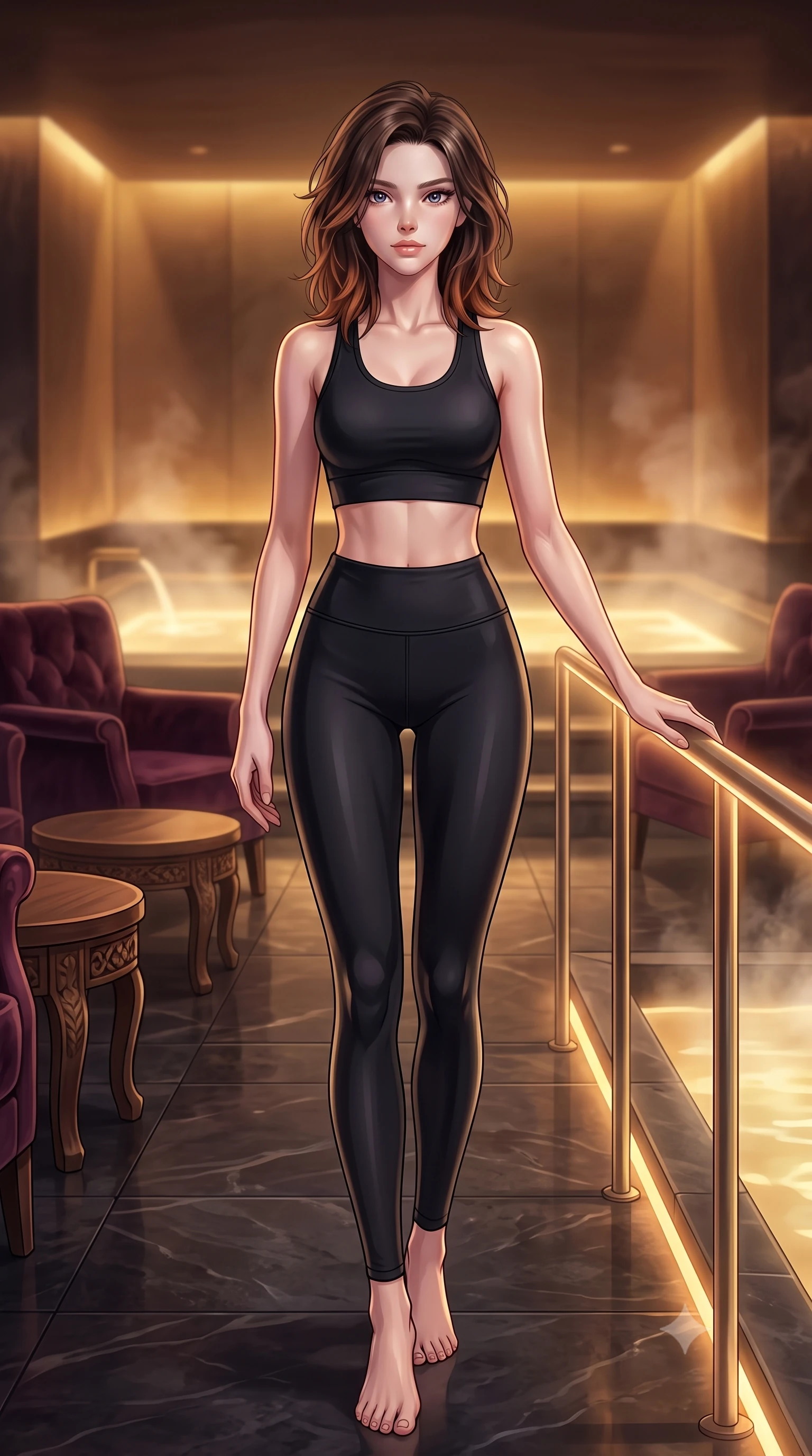 score_9, masterpiece, best quality, ultra-detailed, high-budget anime keyframe, editorial fashion photography, tasteful artistic composition, Korean woman. low angle full-body shot from head to toe showing her feet, filling the entire 9:16 vertical frame with her statuesque presence, stretching her vertical silhouette. standing in a tall, confident posture with one hand on a glowing metal railing, stretching her statuesque body, the background shows a soft-focus a geothermal bath private lounge alcove with velvet armchairs and low tables. She has an absolutely perfect, statuesque 8.5-heads proportion, an exceptionally tall and slender model-like female figure with impossibly long slender legs and an ultra-slim waist. sharp v-shaped jawline, high-bridge nose, intricate jewel-like eyes with depth, thick eyelashes, glossy lips with a natural sheen. wearing a tailored form-fitting athletic crop top and matching high-waisted compression leggings in sleek carbon-black tech fabric. low-contrast warm ambient gold glow creating a mysterious, cozy mood. highly saturated vibrant anime colors, detailed shading with soft gradients, rich glossy textures, high-contrast stereoscopic depth, volumetric dynamic lighting, master piece, 9:16 ratio