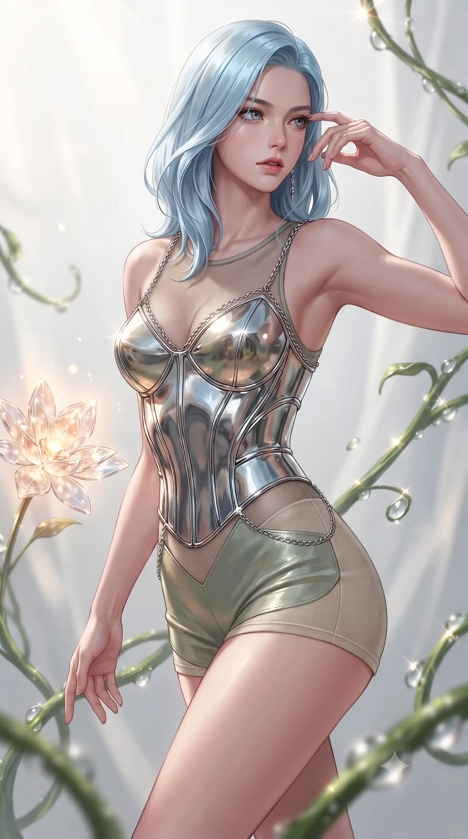 score_9, masterpiece, best quality, ultra-detailed, high-budget anime keyframe, editorial fashion photography, tasteful artistic composition, Korean woman. close-up cowboy shot from the waist and thighs up, the character dominates the composition, filling the frame with her large presence, background elements kept in soft focus. Resting her fingers gracefully near her temple, casting a sharp mysterious side-gaze during her stride while pivoting dynamically near a solar-powered crystal blossom emitting warm ambient sunbursts, dewdrops on biomorphic vines casting bright specular highlights in mid-air. She has an exceptionally elegant, slender, and willowy female figure with an ultra-slim waist, a gracefully sculpted slender torso, and a refined silhouette. sharp v-shaped jawline, high-bridge nose, intricate jewel-like eyes with depth, thick eyelashes, glossy lips with a natural sheen, flawlessly proportioned anatomical accuracy, natural body alignment, perfectly sculpted elegant limbs, clean dynamic posture without body distortion. wearing a chrome-plated structured bodice worn over a sheer mesh top and micro-shorts in sage green and oatmeal, woven from fine semi-opaque sheer organza, adorned with delicate metallic chain straps along the neckline, the elegant draped fit framing her graceful clavicle and slender torso. surrounded by a bright, airy ambiance with radiant white and green highlights. ultra-reflective glossy finish, specular highlights, metallic sheen, high-contrast stereoscopic depth, volumetric dynamic lighting, 2k, ultra detail, master piece, 9:16 ratio