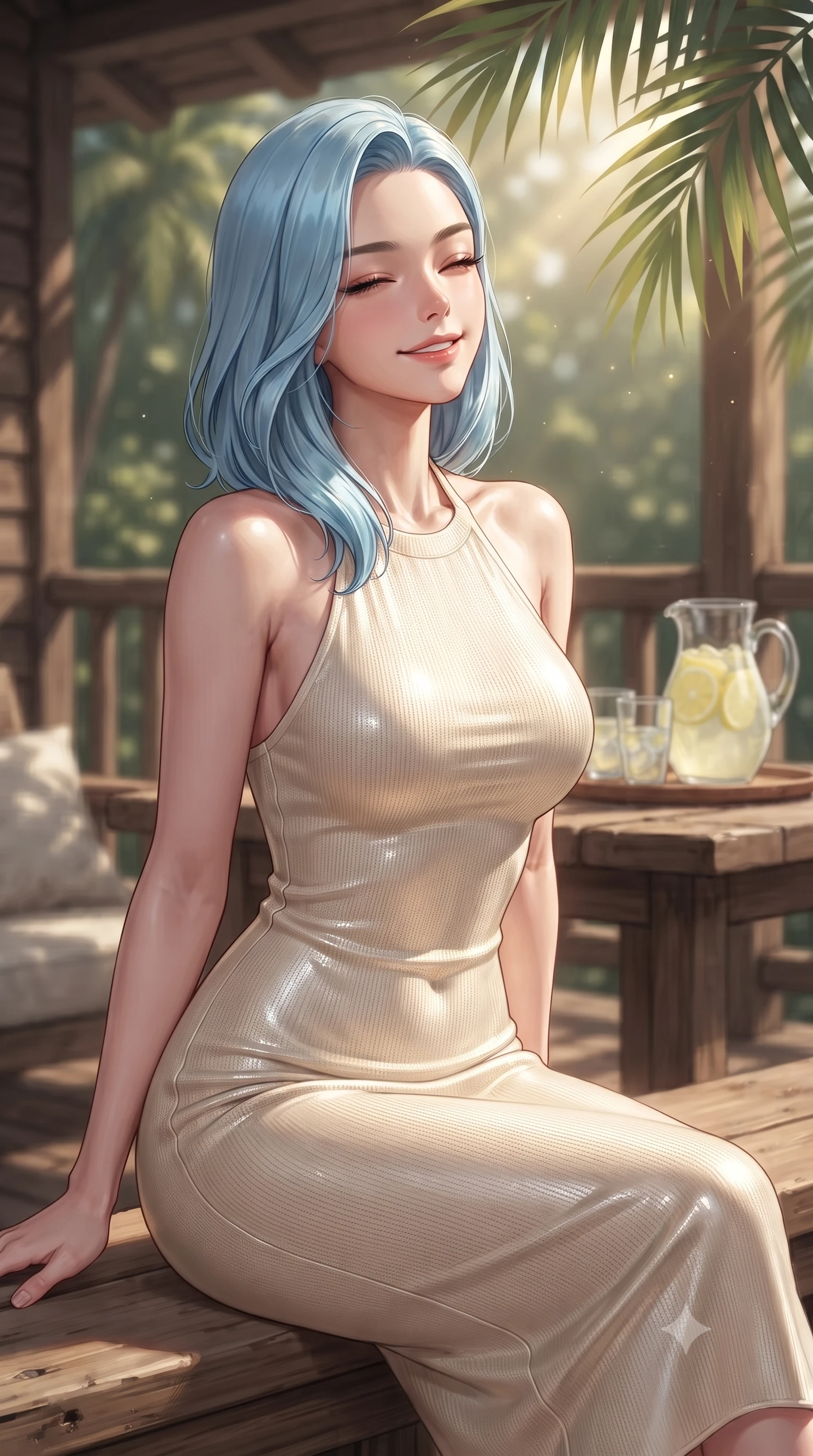 score_9, masterpiece, best quality, ultra-detailed, high-budget anime keyframe, editorial fashion photography, tasteful artistic composition, Korean woman. close-up cowboy shot from the waist and thighs up, the character dominates the composition, filling the frame with her large presence, background elements kept in soft focus. smiling happily with closed eyes, enjoying the warm sunbeams on her face set against a soft-focus background of on a rustic wooden veranda of a cozy forest lodge surrounded by greenery with a pitcher of cold lemonade and glasses on a rustic wooden table. She has an exceptionally elegant, slender, and willowy female figure with an ultra-slim waist, a gracefully sculpted slender torso, and a refined silhouette. sharp v-shaped jawline, high-bridge nose, intricate jewel-like eyes with depth, thick eyelashes, glossy lips with a natural sheen. wearing tailored sleek, tight-fitting knit halter dress in cream, tracing her slender silhouette. soft afternoon sunbeams filtering through the palm leaves, casting gentle shadows. ultra-reflective glossy finish, specular highlights, metallic sheen, high-contrast stereoscopic depth, volumetric dynamic lighting, 2k, ultra detail, master piece, 9:16 ratio