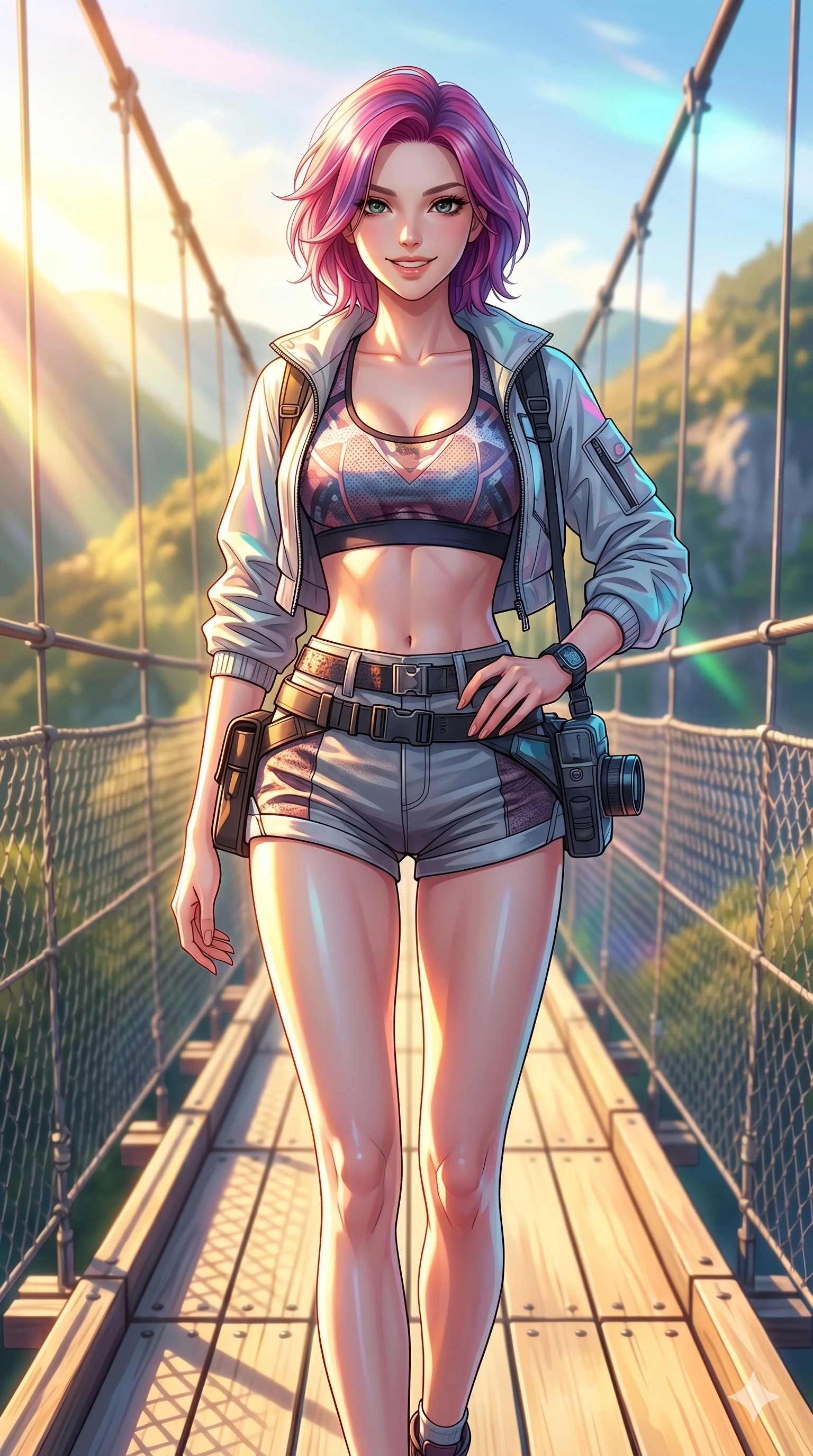score_9, masterpiece, best quality, ultra-detailed, high-budget anime keyframe, vibrant anime aesthetic, Caucasian woman, strictly human ears. cowboy shot from the thighs up, character and outfit filling the frame for maximum presence. She is posing with a cheerful and confident grin, looking directly at the camera on a wooden suspension bridge overlooking a sunlit valley (Code-P20-062). She has an absolutely perfect 8-heads proportion, an exceptionally tall and slender female figure with impossibly long slender legs and an ultra-slim waist. V-shaped jawline, high-bridge nose, intricate jewel-like eyes with depth, thick eyelashes, glossy lips with a natural sheen. wearing a sports bra paired with high-waist micro-shorts and a light jacket. She is bathed in a beautiful contrast of warm yellow sunbeams and cool sky reflections. 2k, ultra detail, master piece, 9:16 ratio