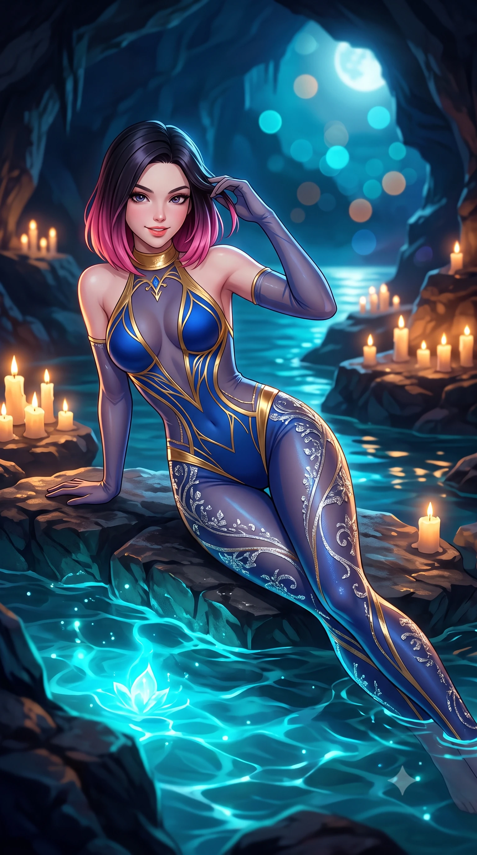 score_9, masterpiece, best quality, ultra-detailed, high-budget anime keyframe, semi-realistic 3D game render, editorial fashion photography, tasteful artistic composition, Korean woman. close-up cowboy shot from the waist and thighs up, the character dominates the composition, filling the frame with her large presence. twisting her slender torso in an alluring contrapposto stance, one hand resting on her sculpted hip while her fingers toy with her hair with effortless poise while lounging in the natural rock pool with torso propped on one elbow with legs extended, displaying her long slender limbs and statuesque hourglass silhouette. The background shows a soft-focus magical phosphorescent cyan glow radiating from underwater cave depths, clusters of glowing pillar candles on stone ledges, and moonlight through the cave opening blurred into electric cyan, amber, and indigo bokeh. She has an exceptionally elegant, slender, and willowy female figure with an ultra-slim waist, flat toned midriff, narrow ribcage, and sculpted feminine hips creating an alluring, slim hourglass silhouette without bulk. sharp v-shaped jawline, high-bridge nose, intricate jewel-like sparkling eyes with depth, thick eyelashes, glossy parted lips with a natural peach sheen, bright cheerful beaming smile with an enchanting and coquettish sensual glint, exuding both youthful cute charm and seductive allure, flawlessly proportioned anatomical accuracy, strict slender model proportions, natural body alignment, perfectly sculpted long slender limbs, ultra-slim waistline, clean dynamic posture without body distortion. wearing a backless sheer illusion mesh catsuit with strategic crystalline silver flocking tracing her long slender leg lines in Marrakech majorelle blue and molten 24k gold, made of fluid liquid jersey with seamless sculpting hold and smooth contours, complemented by sheer opera-length evening gloves tracing her slender arms, the second-skin tailored fabric adhering flawlessly to her sculpted flat midriff and slender torso, emphasizing her long leg lines and perfectly proportioned willowy build. bathed in the supernatural underwater phosphorescent 4800K cyan glow contrasted with warm 2000K candle flames on stone ledges. highly saturated vibrant anime colors, detailed shading with soft gradients, rich glossy textures, high-contrast stereoscopic depth, volumetric dynamic lighting, master piece, 9:16 ratio