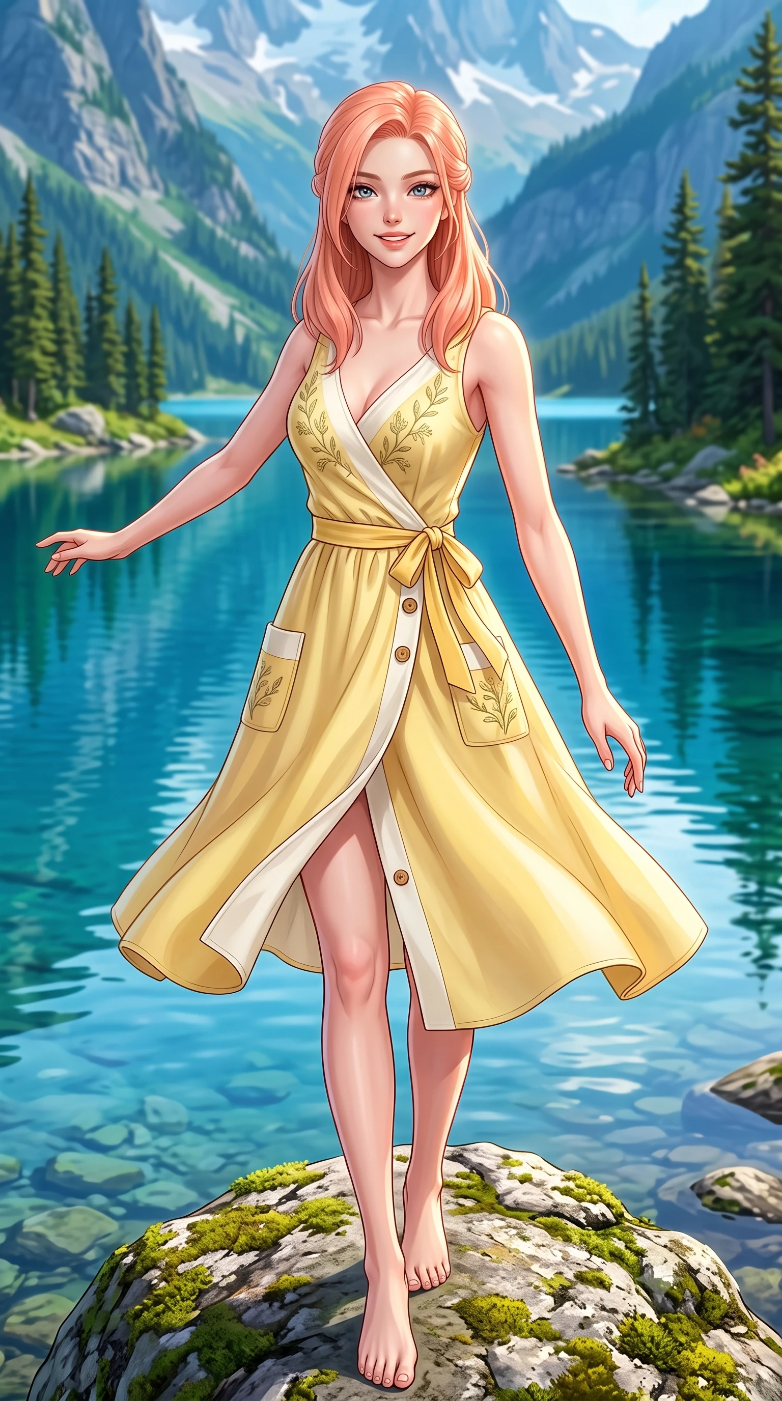 score_9, masterpiece, best quality, ultra-detailed, high-budget anime keyframe, semi-realistic 3D game render, editorial fashion photography, tasteful artistic composition, Japanese woman. close-up cowboy shot from the waist and thighs up, the character dominates the composition, filling the frame with her large presence. extending one arm gracefully toward the scenery while turning back with an infectious, heartwarming smile while standing poised on a mossy lakeside boulder with open arms, taking a deep breath of fresh pine-scented mountain air. The surrounding environment is rendered in vivid detail and crisp panoramic clarity. vivid high-contrast aquatic reflections and pristine mountain lake wilderness rendered with environmental sharpness. She has an exceptionally elegant, slender, and willowy female figure with an ultra-slim waist, a gracefully sculpted slender torso, toned flat midriff, and a refined slim silhouette. sharp v-shaped jawline, high-bridge nose, intricate jewel-like eyes with depth, thick eyelashes, glossy lips with a natural sheen, pure and lovely fresh girlhood expression, flawlessly proportioned anatomical accuracy, strict slender model proportions, natural body alignment, perfectly sculpted long slender limbs, ultra-slim waistline, clean dynamic posture without body distortion. wearing a romantic wrap-style linen sundress with subtle botanical embroidery and a dainty waist tie in fresh buttercup yellow and clean cream white, crafted from smooth fluid silk satin with a natural gentle sheen, finished with neat natural wooden buttons and patch pocket details, the body-hugging lightweight knit clinging delicately to her slender torso, accentuating her graceful neck and feminine lines. surrounded by a serene, peaceful, and breathtakingly lovely lakeside maiden aura. highly saturated vibrant anime colors, detailed shading with soft gradients, rich glossy textures, high-contrast stereoscopic depth, volumetric dynamic lighting, master piece, 9:16 ratio