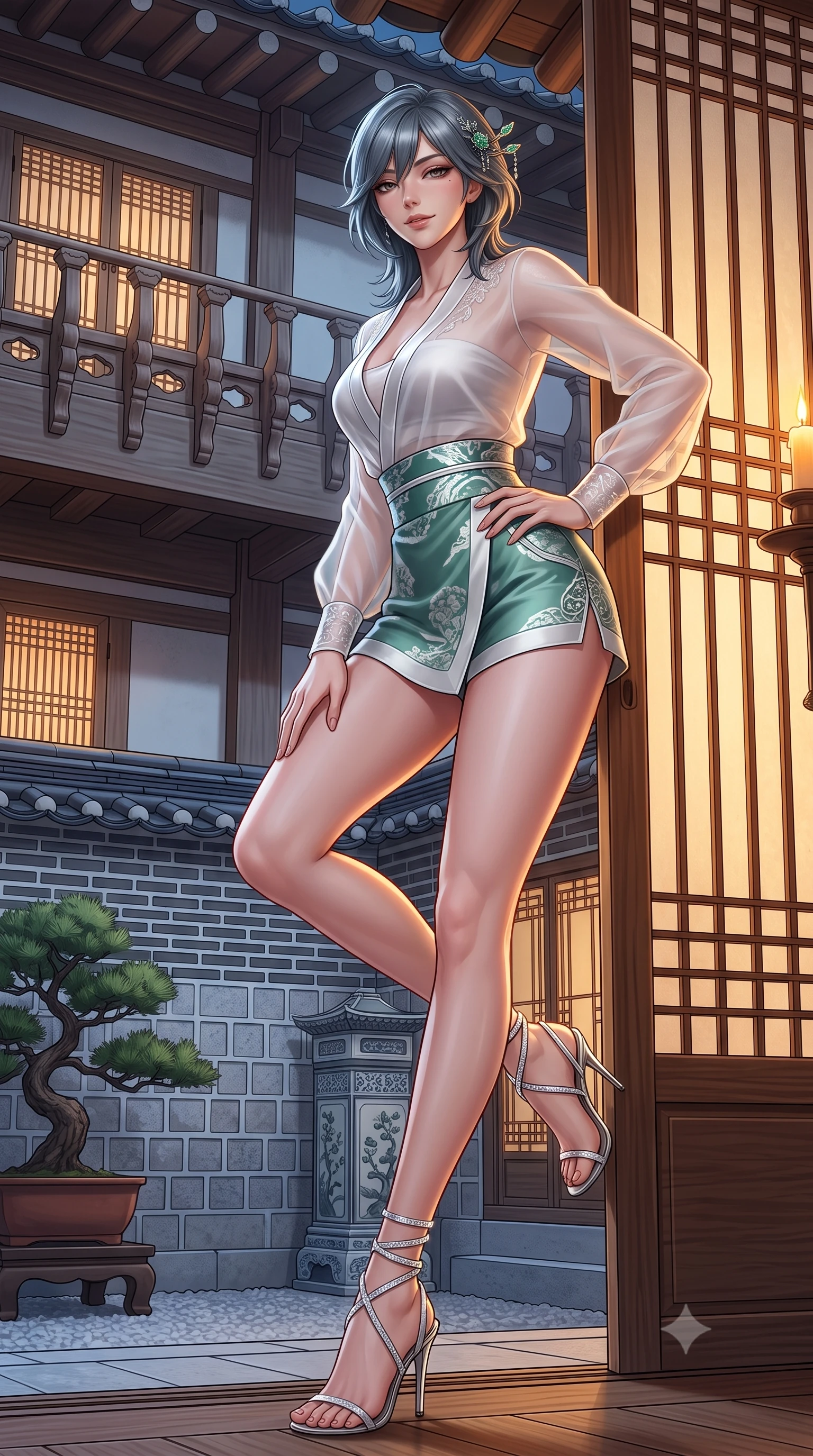 score_9, masterpiece, best quality, ultra-detailed, high-budget anime keyframe, semi-realistic 3D game render, editorial fashion photography, tasteful artistic composition, Caucasian woman. low angle full-body shot from head to toe showing her feet, filling the entire 9:16 vertical frame with her statuesque presence, stretching her vertical silhouette. leaning deep against the balcony balustrade with hips cocked back in an unapologetically alluring high-fashion stance, casting an intoxicating glance while twisting her slender torso in an alluring contrapposto pose beside the sliding rice-paper door, warm candlelight silhouette outlining her curves. The surrounding environment is rendered in vivid detail and crisp panoramic clarity: detailed sheer jeogori embroidery, jade hairpin glints, and traditional Korean courtyard masonry in razor-sharp precision. She has an absolutely perfect, statuesque 8.5-heads proportion, an exceptionally tall and slender model-like female figure with impossibly long slender legs, an ultra-slim waist, a flat toned midriff, narrow delicate ribcage, and beautifully sculpted feminine hips creating a graceful, slim hourglass silhouette without any bulky heaviness. sharp v-shaped jawline, high-bridge nose, sparkling eyes with hypnotic seductive depth, thick curled eyelashes, glossy parted lips with a natural dewy peach sheen, alluring bedroom-eyes with an enchanting coquettish smile, exuding magnetic siren charisma and sophisticated glamour, flawlessly proportioned anatomical accuracy, strict slender model proportions, natural body alignment, perfectly sculpted long slender limbs, ultra-slim waistline, clean dynamic posture without body distortion. wearing a deep V-neck sheer gossamer hanbok blouse layered over an opaque silk bandeau and high-waisted wrap shorts in moonlit jade green and pure alabaster white with silver accents, crafted from fluid liquid silk satin that clings smoothly to every curve with a dewy sheen, complemented by strappy stiletto sandals with crystal ankle wraps accentuating her slender calves, the liquid-tight tailored fabric clinging flawlessly to her narrow waist and rounded feminine hips, emphasizing every millimeter of her sculpted slim hourglass curves without any bulky heaviness. illuminated by paper screen glow bounce and sharp amber rim lights sculpting her jawline, ultra-slim waist, and curvy hips. highly saturated vibrant anime colors, detailed shading with soft gradients, rich glossy textures, high-contrast stereoscopic depth, volumetric dynamic lighting, master piece, 9:16 ratio