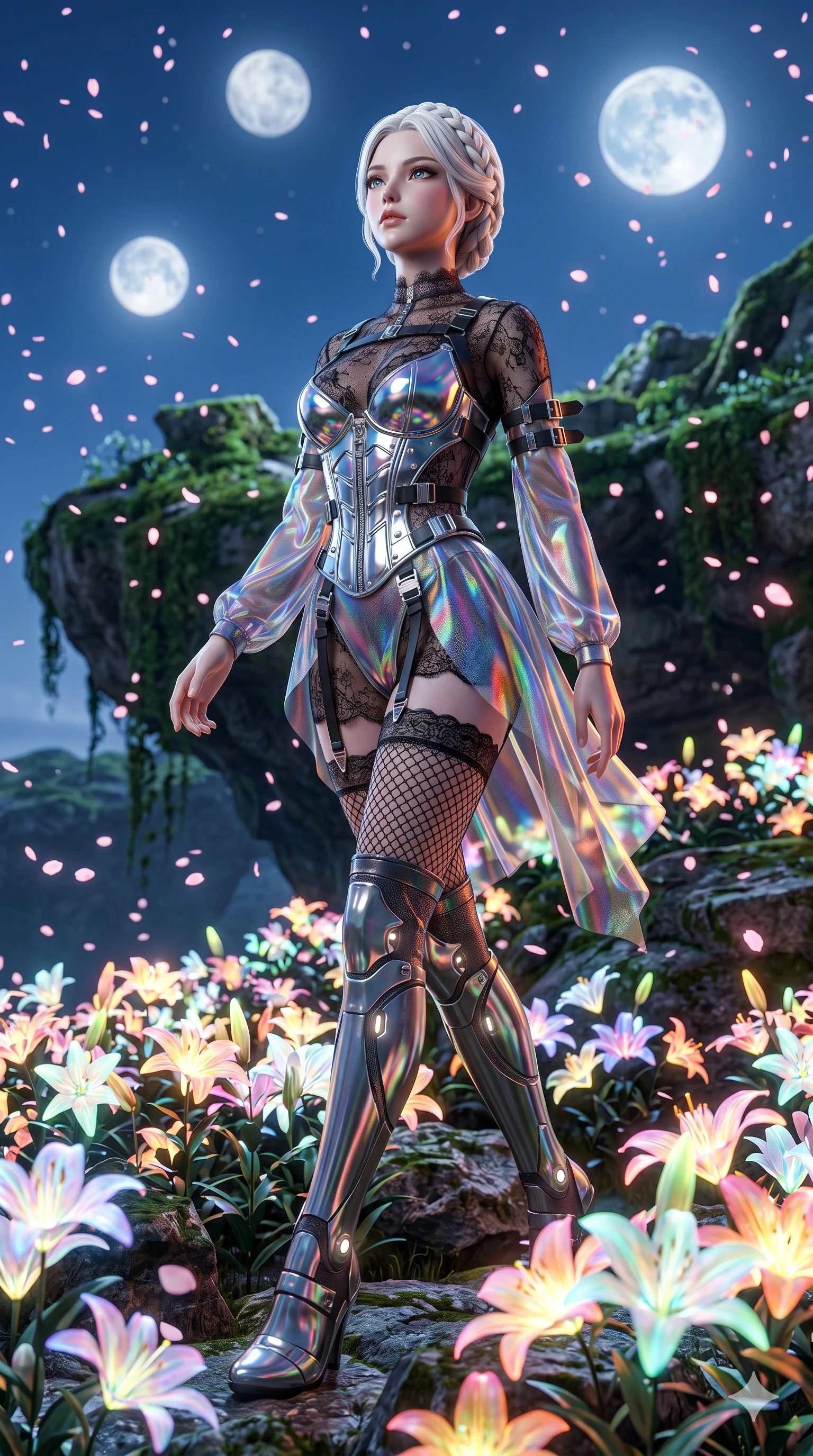 score_9, masterpiece, best quality, ultra-detailed, Photorealistic 8k CG, masterpiece, hyper-realistic SSS skin texture, cinematic ray-tracing, every pore and strand of hair rendered with extreme precision, 8k resolution, Korean woman with idol-like refined features. Low angle cowboy shot filling the entire 9:16 frame with her statuesque presence, looking up to emphasize her height. Walking gracefully through a field of bioluminescent lilies that glow brighter as she passes, under a sky filled with three moons. She has an absolutely perfect 8-heads proportion, an exceptionally tall and slender female figure with impossibly long slender legs and an ultra-slim waist, her statuesque height and towering silhouette dominating the vertical 9:16 frame. Her face is a masterpiece featuring a sharp v-shaped jawline, high-bridge nose, intricate jewel-like eyes with depth, thick eyelashes, and glossy lips with a natural sheen. She is wearing a Chrome-plated corset over a sheer lace base with tactical straps and metallic buckles crafted from Holographic chiffon that changes color with every movement, creating a rainbow effect, accompanied by sensual fishnet stockings and thigh-high metallic boots. The scene is set in an ancient floating island with pink cherry blossoms falling like snow against a blue sky, illuminated by soft bioluminescent glow from the environment casting ethereal colors on her skin. 2k, ultra detail, master piece, 9:16 ratio