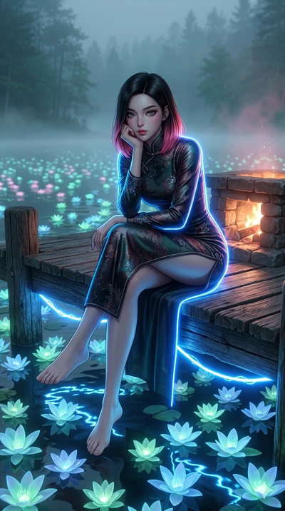 score_9, masterpiece, best quality, ultra-detailed, high-budget anime keyframe, editorial fashion photography, tasteful artistic composition, Korean woman. low angle full-body shot from head to toe showing her feet, filling the entire 9:16 vertical f