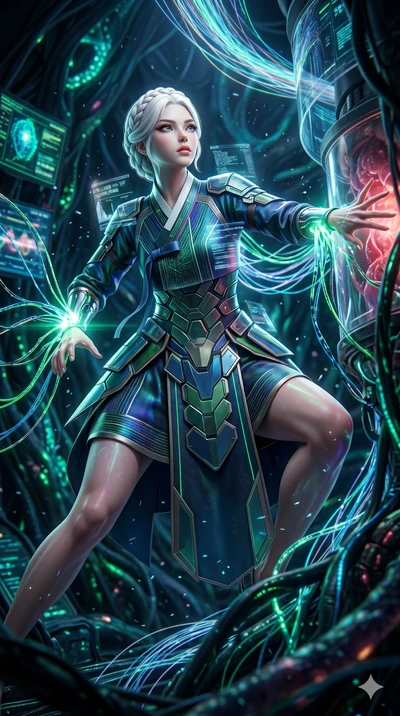 score_9, masterpiece, best quality, ultra-detailed, photorealistic 8k CG, hyper-detailed textures, ray-tracing, Korean woman. Low angle cowboy shot capturing a powerful motion and statuesque presence. hacking into a bio-organic mainframe with glowing