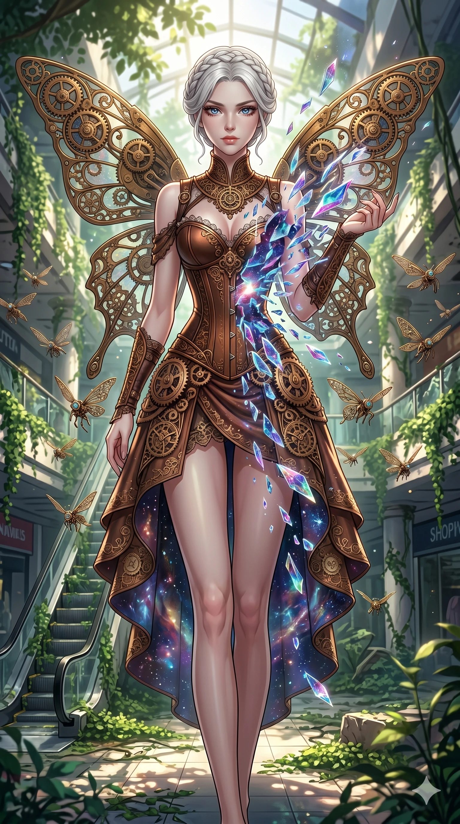 score_9, masterpiece, best quality, ultra-detailed, Set A: High-budget Anime Keyframe, Caucasian (human ears) woman. Upper body close-up from the thighs up, character filling the screen for maximum presence. Theme: Ethereal Dream. shattering the fabric of reality in a ruined overgrown shopping mall, surrounded by 289 hovering guardian drones. The atmosphere is filled with cinematic sunlight through leaves. She has an absolutely perfect 8-heads proportion, an exceptionally tall and slender female figure with impossibly long slender legs and an ultra-slim waist. Sharp v-shaped jawline, high-bridge nose, intricate jewel-like eyes with depth, glossy lips. Wearing Steam-punk corset gown with copper gear ornaments and mechanical butterfly wings. Cinematic lighting, vivid colors, dramatic shadows, 2k, ultra detail, master piece, 9:16 ratio