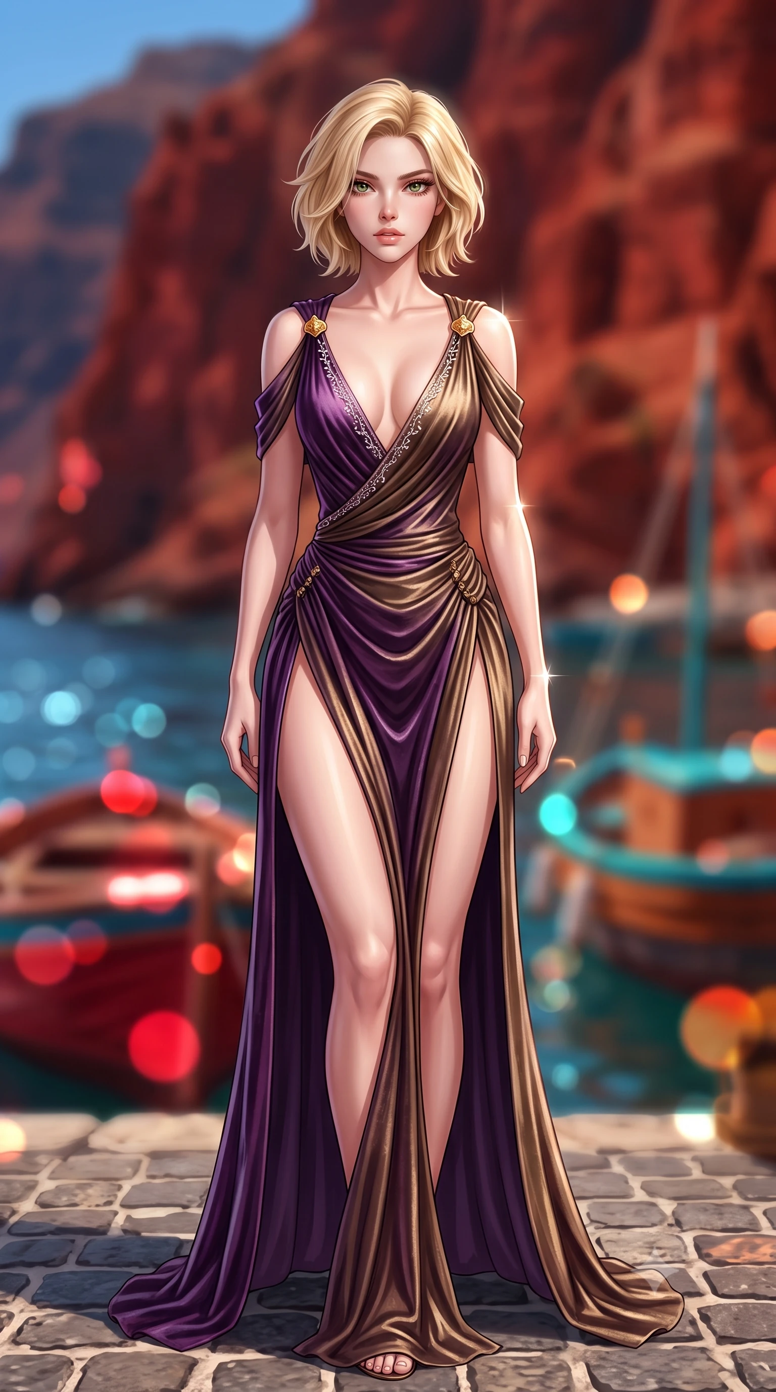 score_9, masterpiece, best quality, ultra-detailed, high-budget anime keyframe, semi-realistic 3D game render, editorial fashion photography, tasteful artistic composition, Caucasian woman. close-up cowboy shot from the waist and thighs up, the character dominates the composition, filling the frame with her large presence. leaning back with relaxed seductive grace, her sculpted collarbones and narrow waist highlighted as she casts smoldering bedroom-eyes directly into the camera while standing poised on the cobblestone taverna terrace, twisting her slender torso in an alluring contrapposto stance as the evening Aegean breeze flutters her dress. The composition keeps background elements in soft focus with creamy bokeh. towering rust-red volcanic cliffs and bobbing wooden fishing boats blurred into glowing crimson, turquoise, and amber bokeh. She has an exceptionally elegant, slender, and willowy female figure with an ultra-slim waist, flat toned midriff, narrow ribcage, and sculpted feminine hips creating an alluring, slim hourglass silhouette without bulk. sharp v-shaped jawline, high-bridge nose, intricate jewel-like eyes with depth, thick eyelashes, glossy parted lips with a natural sheen, intensely captivating and seductive bedroom-eyes expression, flawlessly proportioned anatomical accuracy, strict slender model proportions, natural body alignment, perfectly sculpted long slender limbs, ultra-slim waistline, clean dynamic posture without body distortion. wearing a high-slit Grecian goddess draped gown with asymmetrical gold shoulder clasps and hip gathering in deep plum violet and antique bronze, crafted from heavyweight crushed silk velvet with liquid vintage luster, finished with delicate crystal frost embroidery tracing the plunging neckline, the form-contouring material adhering flawlessly to her sculpted flat midriff and slender torso, emphasizing her long leg lines and perfectly proportioned willowy build. illuminated by sparkling sea surface glints sharply carving her razor-sharp jawline, narrow waist, and curvy hips. highly saturated vibrant anime colors, detailed shading with soft gradients, rich glossy textures, high-contrast stereoscopic depth, volumetric dynamic lighting, master piece, 9:16 ratio