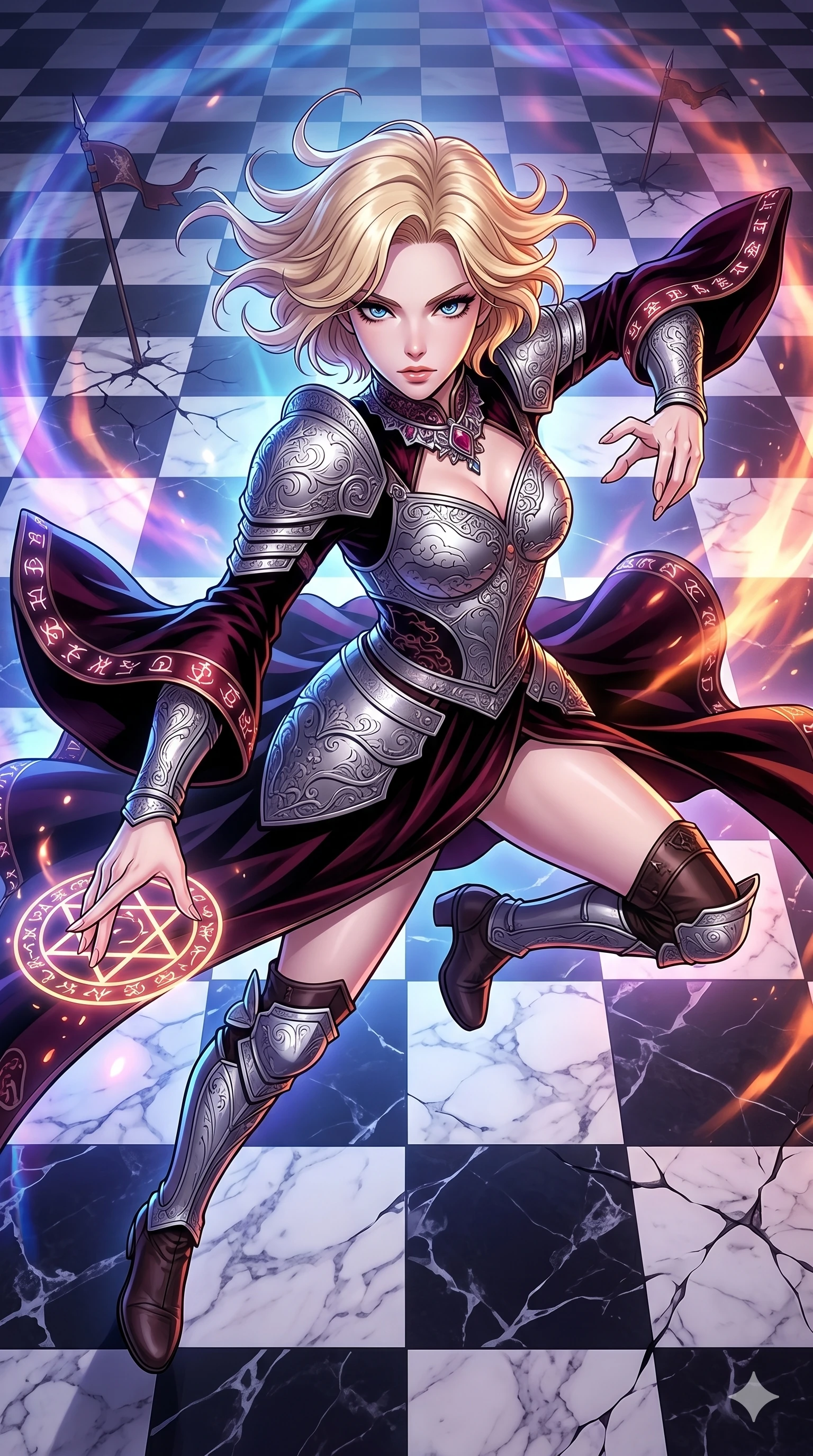 score_9, masterpiece, best quality, ultra-detailed, high-budget anime movie keyframe, cinematic anime lighting, intricate line art, Japanese woman. Extreme high angle shot as she leaps towards the camera, filling the frame. performing a dance of war on a giant checkered battlefield. She has an graceful and slender female figure with elegant proportions. strictly human anatomy, two legs only, no extra limbs, clearly defined legs and arms, well-defined anatomy, perfect hands and fingers. sharp v-shaped jawline, high-bridge nose, intricate jewel-like eyes, thick eyelashes, glossy lips. Wearing Dark Fantasy: Mystical gothic gown, bell-sleeved sorceress robes, and ornate silver plate armor. The scene is illuminated by dramatic atmospheric lighting and vibrant color palettes. , 2k, ultra detail, master piece, 9:16 ratio
