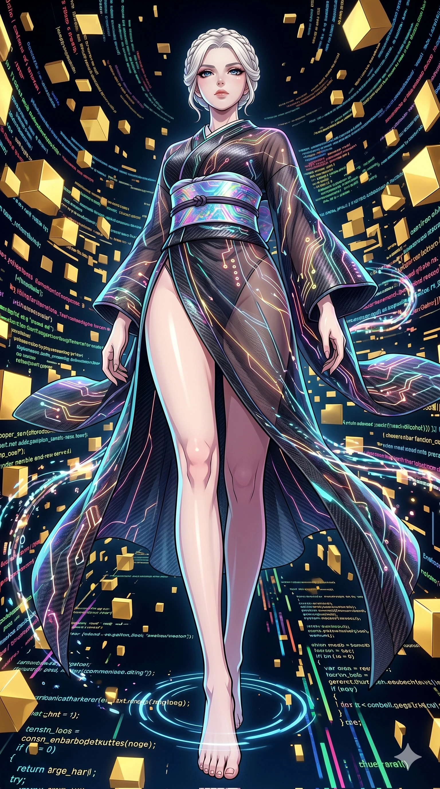 score_9, masterpiece, best quality, ultra-detailed, High-budget Anime Keyframe, vibrant colors, fluid line-art, expressive lighting, cinematic composition, Ufotable-style visual effects, top-tier animation quality, Japanese woman with delicate and elegant anime-inspired features. Dramatic low angle looking up at her majestic stature, dominating the vertical space of the composition. Navigating a surreal sea of floating geometric shapes and crystalline structures within a digital void, the environment reacting to her presence. She has an absolutely perfect 8-heads proportion, an exceptionally tall and slender female figure with impossibly long slender legs and an ultra-slim waist, her statuesque height and towering silhouette dominating the vertical 9:16 frame. Her face is a masterpiece featuring a sharp v-shaped jawline, high-bridge nose, intricate jewel-like eyes with depth, thick eyelashes, and glossy lips with a natural sheen. She is wearing a High-slit tech-kimono with holographic obi and integrated neon-lit circuitry patterns crafted from Carbon-fiber weave with a high-tech matte finish and integrated glowing filaments, with sheer fabric transparency over her delicate curves and a high-cut silhouette. The scene is set in an abstract digital void with floating golden geometric shapes and rivers of flowing code, illuminated by harsh neon light and deep shadows creating a high-contrast noir aesthetic. 2k, ultra detail, master piece, 9:16 ratio