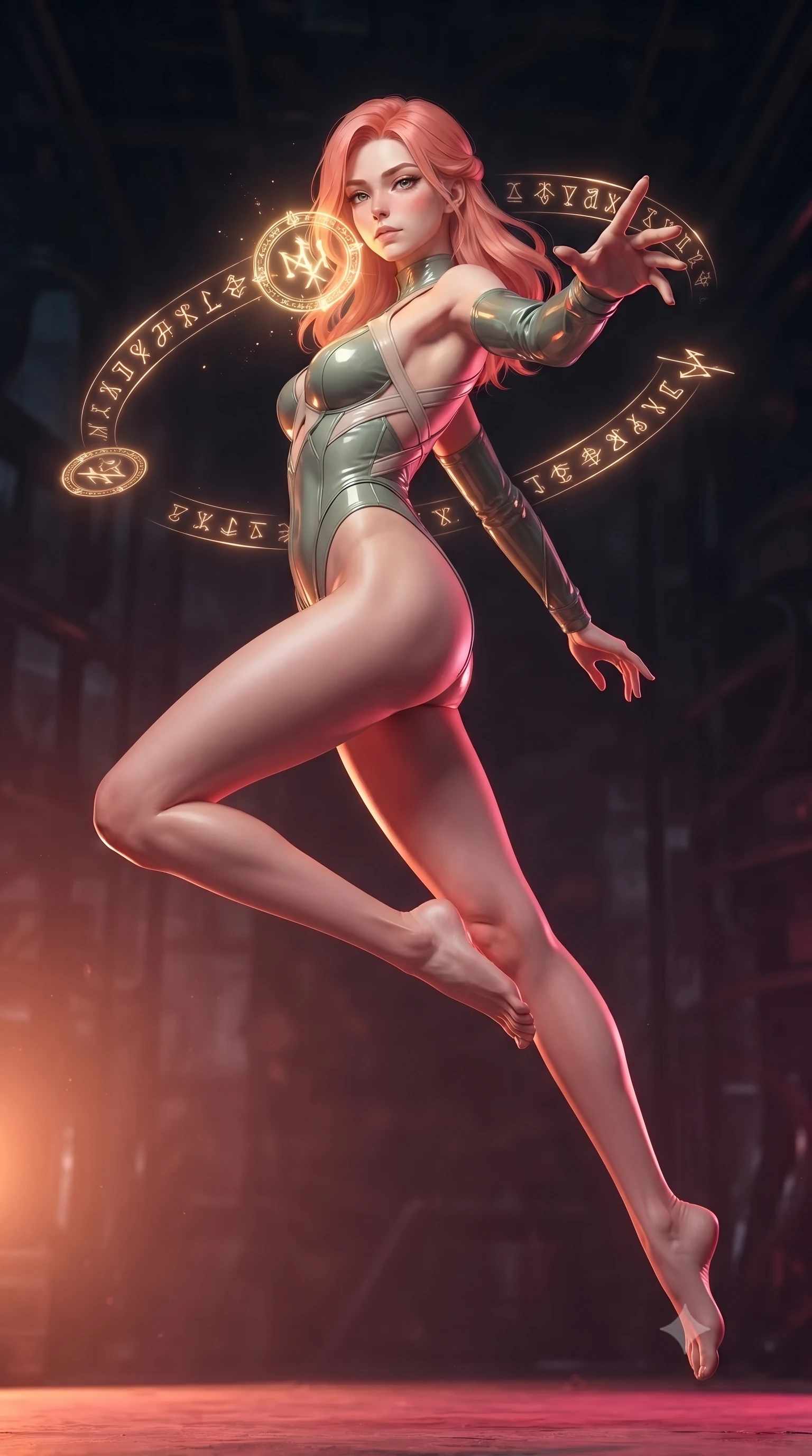 score_9, masterpiece, best quality, ultra-detailed, high-budget anime keyframe, editorial fashion photography, tasteful artistic composition, Japanese woman. low angle full-body shot from head to toe showing her feet, filling the entire 9:16 vertical frame with her statuesque presence, stretching her vertical silhouette. leaping gracefully through mid-air with statuesque elegance, her impossibly long slender legs stretched in perfect balance while pivoting dynamically with one hand extending toward the viewer in a power pose, glowing alchemy runes hovering in mid-air, casting golden light on her face. She has an absolutely perfect, statuesque 8.5-heads proportion, an exceptionally tall and slender model-like female figure with impossibly long slender legs and an ultra-slim waist. sharp v-shaped jawline, high-bridge nose, intricate jewel-like eyes with depth, thick eyelashes, glossy lips with a natural sheen, flawlessly proportioned anatomical accuracy, natural body alignment, perfectly sculpted elegant limbs, clean dynamic posture without body distortion. wearing an asymmetrical high-cut tech-bodysuit with detached sleeves in sage green and oatmeal, tailored from high-gloss patent leather, complemented by criss-cross back straps highlighting her bare shoulders, the form-contouring material highlighting her ultra-slim waist and long lines. bathed in hot pink and orange furnace underlighting with sharp bronze speculars. ultra-reflective glossy finish, specular highlights, metallic sheen, high-contrast stereoscopic depth, volumetric dynamic lighting, 2k, ultra detail, master piece, 9:16 ratio
