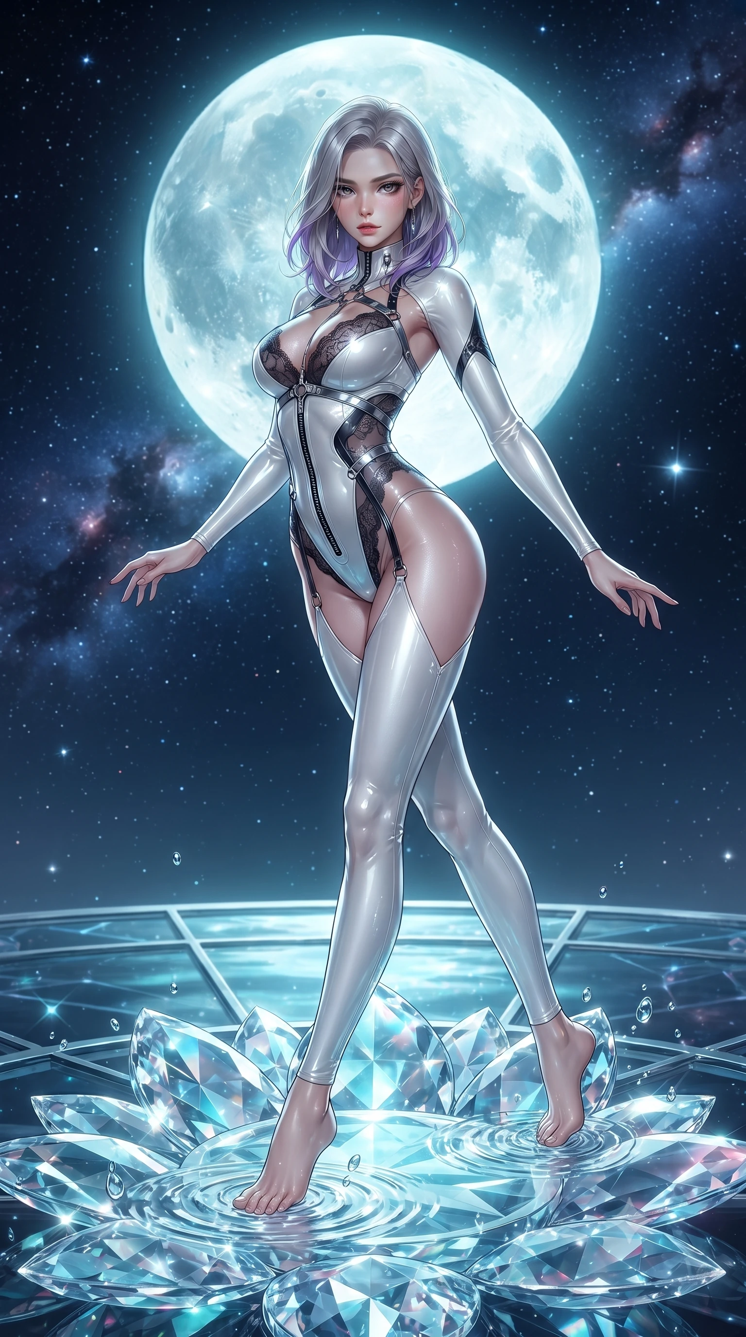 score_9, masterpiece, best quality, ultra-detailed, high-budget anime keyframe, editorial fashion photography, tasteful artistic composition, Caucasian woman. low angle full-body shot from head to toe showing her feet, filling the entire 9:16 vertical frame with her statuesque presence, stretching her vertical silhouette. pivoting dynamically in mid-motion with a breathtakingly alluring posture, displaying her flawless model proportions and ultra-slim waist while stretching forward with an alluring S-curve silhouette on a glass platform beneath a giant glowing moon. The surrounding environment is rendered in vivid detail and crisp panoramic clarity. intricate crystal lotus petal facets, sharp water droplet ripples, and celestial star clusters in deep focus. She has an absolutely perfect, statuesque 8.5-heads proportion, an exceptionally tall and slender model-like female figure with impossibly long slender legs, a toned flat midriff, and an ultra-slim waist. sharp v-shaped jawline, high-bridge nose, intricate jewel-like eyes with depth, thick eyelashes, glossy lips with a natural sheen, flawlessly proportioned anatomical accuracy, strict slender model proportions, natural body alignment, perfectly sculpted long slender limbs, ultra-slim waistline, clean dynamic posture without body distortion. wearing a glossy white second-skin latex bodysuit with high-thigh cuts, exposed clavicle neckline, and gleaming zipper details in high-gloss monochrome white and sharp black contrast, crafted from delicate dark lace interwoven with luminescent micro-fibers, reinforced by a sleek metallic chrome harness and delicate glowing micro-straps, the form-contouring material adhering flawlessly to her sculpted flat midriff and slender torso, emphasizing her long leg lines and perfectly proportioned willowy build. bathed in brilliant silver moonlight backlighting and glowing cyan water refractions. ultra-reflective glossy finish, specular highlights, metallic sheen, high-contrast stereoscopic depth, volumetric dynamic lighting, 2k, ultra detail, master piece, 9:16 ratio