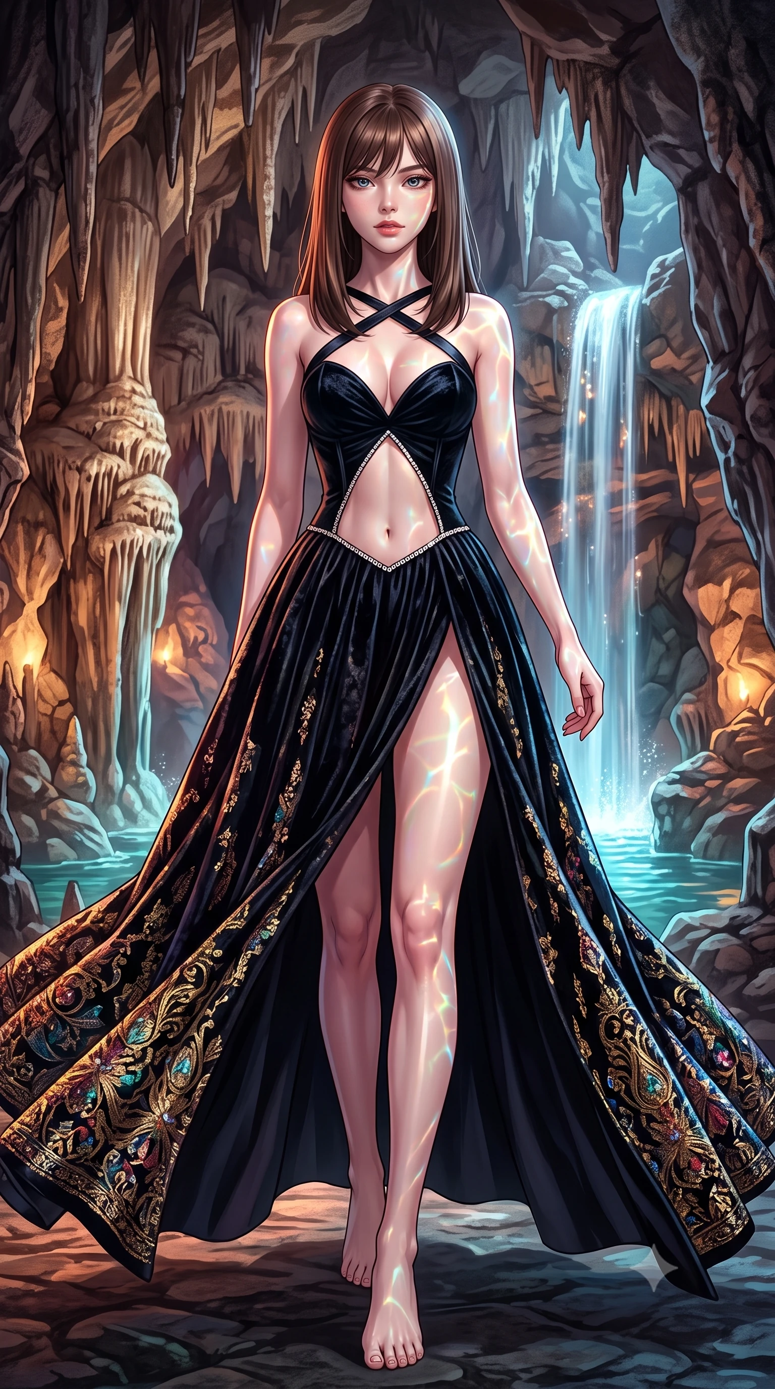 score_9, masterpiece, best quality, ultra-detailed, high-budget anime keyframe, semi-realistic 3D game render, editorial fashion photography, tasteful artistic composition, Korean woman. low angle full-body shot from head to toe showing her feet, filling the entire 9:16 vertical frame with her statuesque presence, stretching her vertical silhouette. striding forward in a proud supermodel runway stride, hips swaying in an alluring kinetic rhythm that accentuates her curvy hourglass silhouette while twisting her slender torso in an alluring contrapposto stance beside the illuminated waterfall, her flowing gown catching the theatrical underground glow. The surrounding environment is rendered in vivid detail and crisp panoramic clarity. detailed brocade gown weave, colored light reflections on skin, and Linderhof grotto rockwork in high resolution. She has an exceptionally tall and slender model-like 8.5-heads proportion, an ultra-slim waist, a flat toned midriff, narrow delicate ribcage, and beautifully sculpted feminine hips creating a graceful, slim hourglass silhouette without any bulky heaviness, with impossibly long slender legs. sharp v-shaped jawline, high-bridge nose, intricate jewel-like eyes with depth, thick eyelashes, glossy parted lips with a natural sheen, intensely captivating and seductive bedroom-eyes expression, flawlessly proportioned anatomical accuracy, strict slender model proportions, natural body alignment, perfectly sculpted long slender limbs, ultra-slim waistline, clean dynamic posture without body distortion. wearing a deep sweetheart neckline crushed velvet corseted ballgown with an exposed midriff cutout in pitch-black velvet with diamond crystal trim, crafted from heavyweight crushed silk velvet with liquid vintage luster, finished with criss-cross back satin straps highlighting her graceful shoulder blades, the dramatically scooped open back descending to the base of her spine, accentuating her razor-sharp statuesque lines and slim hourglass silhouette. illuminated by shimmering pool water caustics sharply sculpting her razor-sharp jawline, narrow waist, and curvy hips. highly saturated vibrant anime colors, detailed shading with soft gradients, rich glossy textures, high-contrast stereoscopic depth, volumetric dynamic lighting, master piece, 9:16 ratio