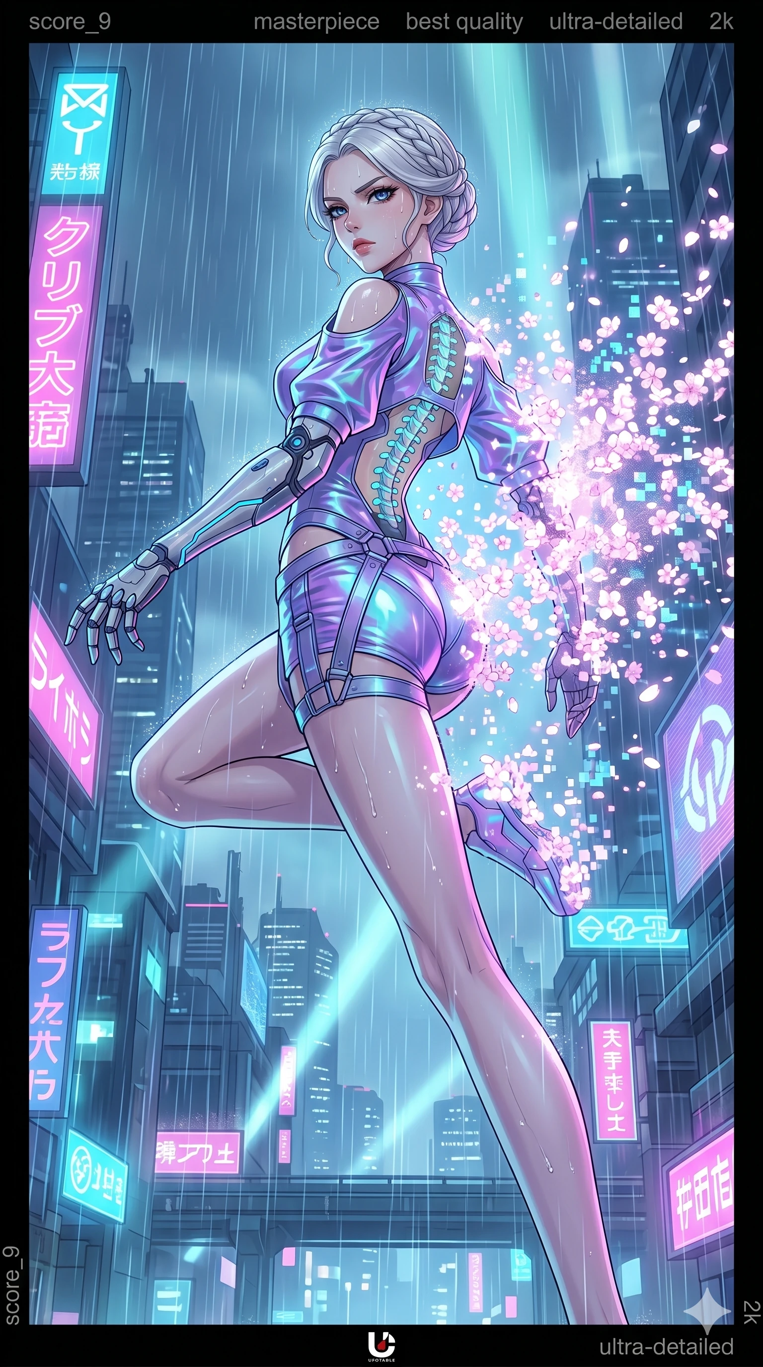 score_9, masterpiece, best quality, ultra-detailed, High-budget Anime Keyframe, vibrant colors, fluid line-art, expressive lighting, cinematic composition, Ufotable-style visual effects, top-tier animation quality, Japanese woman with delicate and elegant anime-inspired features. Dynamic full-body shot stretching the vertical silhouette, capturing her from a powerful low-angle perspective. Vanishing into a sudden cloud of glowing cherry blossoms and digital pixels to escape an incoming attack. She has an absolutely perfect 8-heads proportion, an exceptionally tall and slender female figure with impossibly long slender legs and an ultra-slim waist, her statuesque height and towering silhouette dominating the vertical 9:16 frame. Her face is a masterpiece featuring a sharp v-shaped jawline, high-bridge nose, intricate jewel-like eyes with depth, thick eyelashes, and glossy lips with a natural sheen. She is wearing a Cyber-augmented streetwear featuring mechanical arm parts and a micro-shorts/harness combo crafted from Iridescent vinyl with a futuristic sheen that shifts between violet and cyan, boasting shoulder cut-outs and a glowing spinal interface visible through the back. The scene is set in a sprawling cyberpunk metropolis in heavy rain with vibrant neon glows reflecting on every surface, illuminated by volumetric light beams cutting through a hazy atmosphere, creating a sense of depth. 2k, ultra detail, master piece, 9:16 ratio