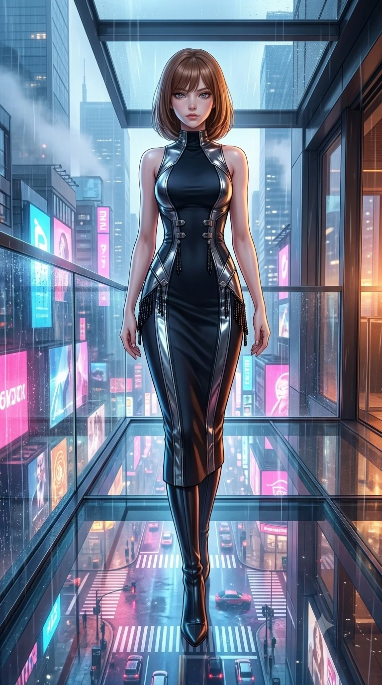 score_9, masterpiece, best quality, ultra-detailed, high-budget anime keyframe, semi-realistic 3D game render, editorial fashion photography, tasteful artistic composition, Caucasian woman. low angle full-body shot from head to toe showing her feet, filling the entire 9:16 vertical frame with her statuesque presence, stretching her vertical silhouette. stepping forward into the rain-streaked neon light, head tilted slightly as her smoldering gaze captivates the lens while standing poised on the cantilevered glass floor edge, looking down through transparent flooring at the glowing crossing hundreds of feet below with siren poise. The surrounding environment is rendered in vivid detail and crisp panoramic clarity: detailed form-fitting liquid mercury dress tailoring, metallic clasp accents, and modern high-altitude architecture in razor-sharp precision. She has an exceptionally tall and slender model-like 8.5-heads proportion, an ultra-slim waist, a flat toned midriff, narrow delicate ribcage, and beautifully sculpted feminine hips creating a graceful, slim hourglass silhouette without any bulky heaviness, with impossibly long slender legs. sharp v-shaped jawline, high-bridge nose, intricate jewel-like dark sparkling eyes with dangerous depth, thick curled eyelashes, glossy parted lips with a rich wine sheen, smoldering seductive half-smile with bedroom-eyes, exuding effortless superiority and intoxicating dark allure, flawlessly proportioned anatomical accuracy, strict slender model proportions, natural body alignment, perfectly sculpted long slender limbs, ultra-slim waistline, clean dynamic posture without body distortion. wearing a bespoke structured mock-neck evening sheath dress with crisp geometric seams in liquid mercury chrome and smoky quartz, tailored from fine lightweight midnight wool crepe with crisp architectural structure, accented with fine jet-black beaded tassels that sway with each movement, the bespoke structured tailoring following the natural line of her 8.5-heads silhouette with refined elegance. bathed in the blinding, radiant glow of a hundred giant LED screens washing upward from the street level. highly saturated vibrant anime colors, detailed shading with soft gradients, rich glossy textures, high-contrast stereoscopic depth, volumetric dynamic lighting, master piece, 9:16 ratio