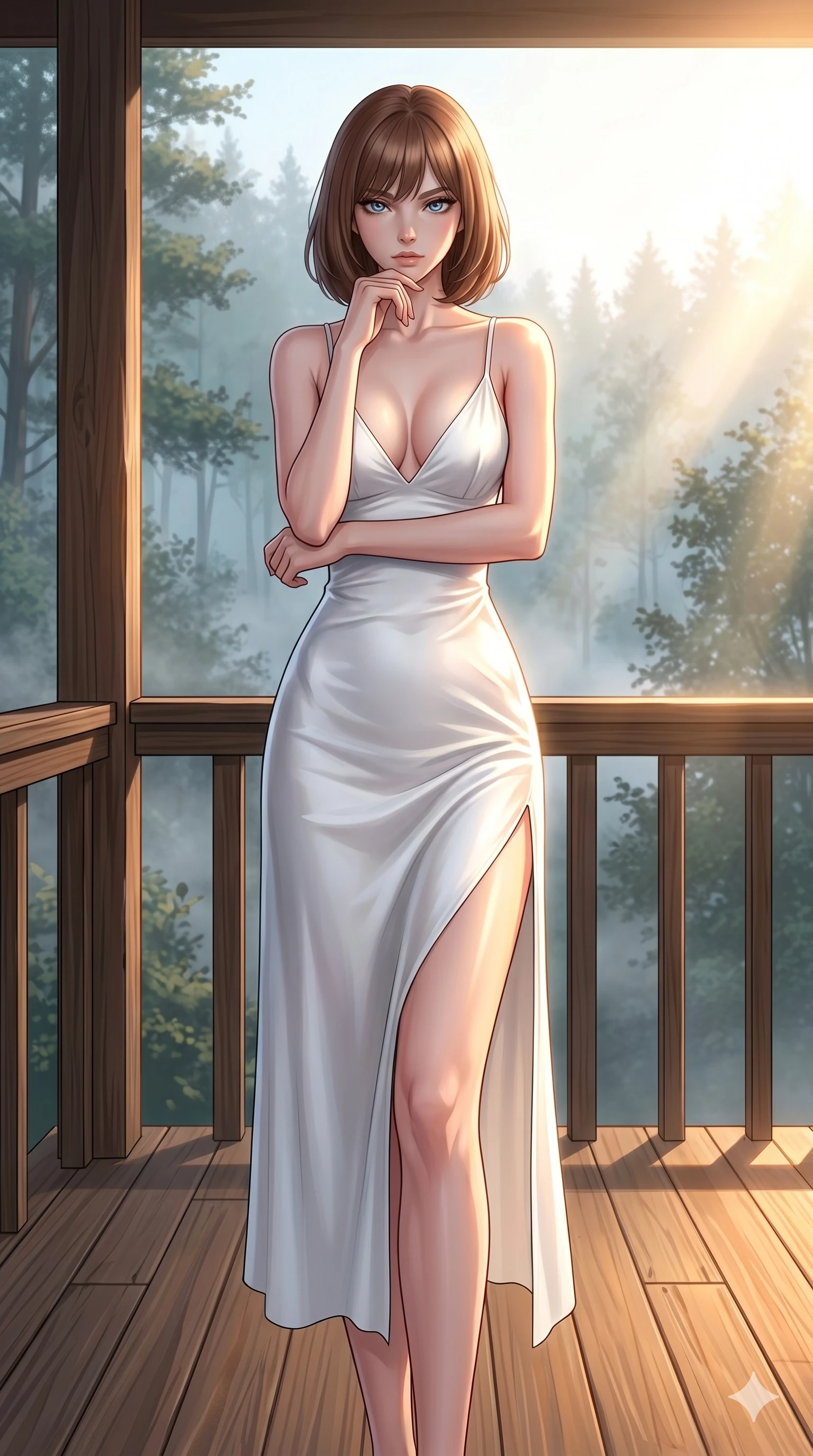 score_9, masterpiece, best quality, ultra-detailed, high-budget anime keyframe, editorial fashion photography, tasteful artistic composition, Caucasian woman, strictly human ears. cowboy shot from the thighs up, character and outfit filling the frame for maximum editorial presence. resting her chin on her fingers, looking directly into the lens with a piercing, mysterious gaze on a secluded wooden sun-terrace of a forest cabin at dawn with morning mist rising (Code-P068). She has an absolutely perfect 8-heads proportion, an exceptionally tall and slender female figure with impossibly long slender legs and an ultra-slim waist. V-shaped jawline, high-bridge nose, intricate jewel-like eyes with depth, thick eyelashes, glossy lips with a natural sheen. wearing a pristine white silk slip dress with a plunging V-neckline and a high side slit to mid-thigh. drenched in brilliant afternoon sunshine, casting warm rays that trace the curves of her athletic figure. 2k, ultra detail, master piece, 9:16 ratio
