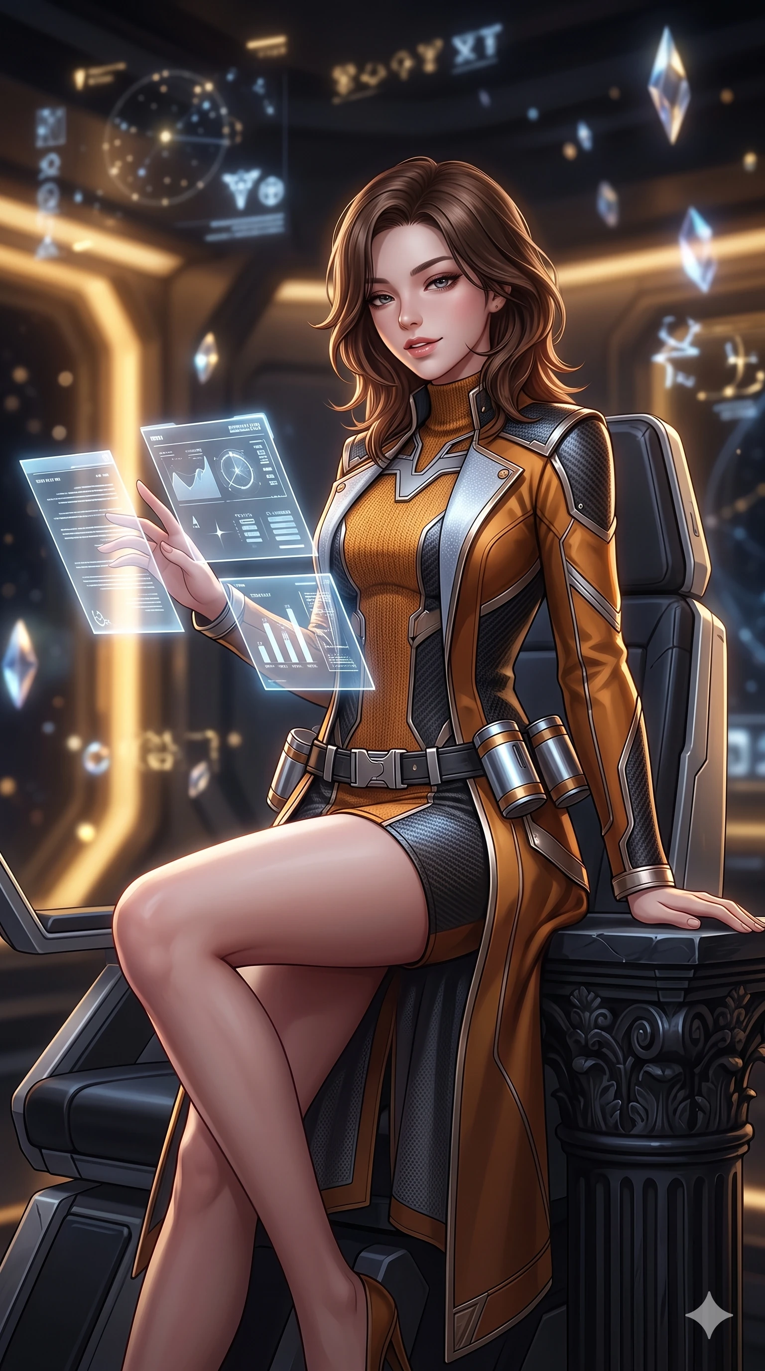 score_9, masterpiece, best quality, ultra-detailed, high-budget anime keyframe, semi-realistic 3D game render, editorial fashion photography, tasteful artistic composition, Korean woman. close-up cowboy shot from the waist and thighs up, the character dominates the composition, filling the frame with her large presence. perched sideways on the pilot seat, one knee drawn up to showcase her slender leg line while her arched back accentuates her feminine hip curve while leaning against the carved black stone rostrum with hips cocked back, looking through floating luminous treaty documents with heavy-lidded seductive eyes. The background shows a soft-focus floating holographic glyphs and crystal refractions blurred into gold, platinum, and deep obsidian bokeh. She has an exceptionally elegant, slender, and willowy female figure with an ultra-slim waist, flat toned midriff, narrow ribcage, and sculpted feminine hips creating an alluring, slim hourglass silhouette without bulk. sharp v-shaped jawline, high-bridge nose, intricate jewel-like sparkling eyes with depth, thick eyelashes, glossy parted lips with a natural sheen, bright confident smile with an enchanting and coquettish sensual glint, exuding both youthful magnetic charm and sovereign high-tech allure, flawlessly proportioned anatomical accuracy, strict slender model proportions, natural body alignment, perfectly sculpted long slender limbs, ultra-slim waistline, clean dynamic posture without body distortion. wearing a structured aerospace commander greatcoat layered over an armored high-neck knit underlayer in cosmic eclipse amber and starlight diamond, crafted from lightweight aerodynamic matte carbon-fiber weave with structural stiffness, accented with a sleek utility belt with polished magnetic canisters resting loosely on her curvy hips, the bespoke structured tailoring following the natural line of her 8.5-heads silhouette with refined elegance. bathed in the prestigious warm 2800K glow of recessed golden cove lighting mixed with crisp cold white crystal data projections. highly saturated vibrant anime colors, detailed shading with soft gradients, rich glossy textures, high-contrast stereoscopic depth, volumetric dynamic lighting, master piece, 9:16 ratio